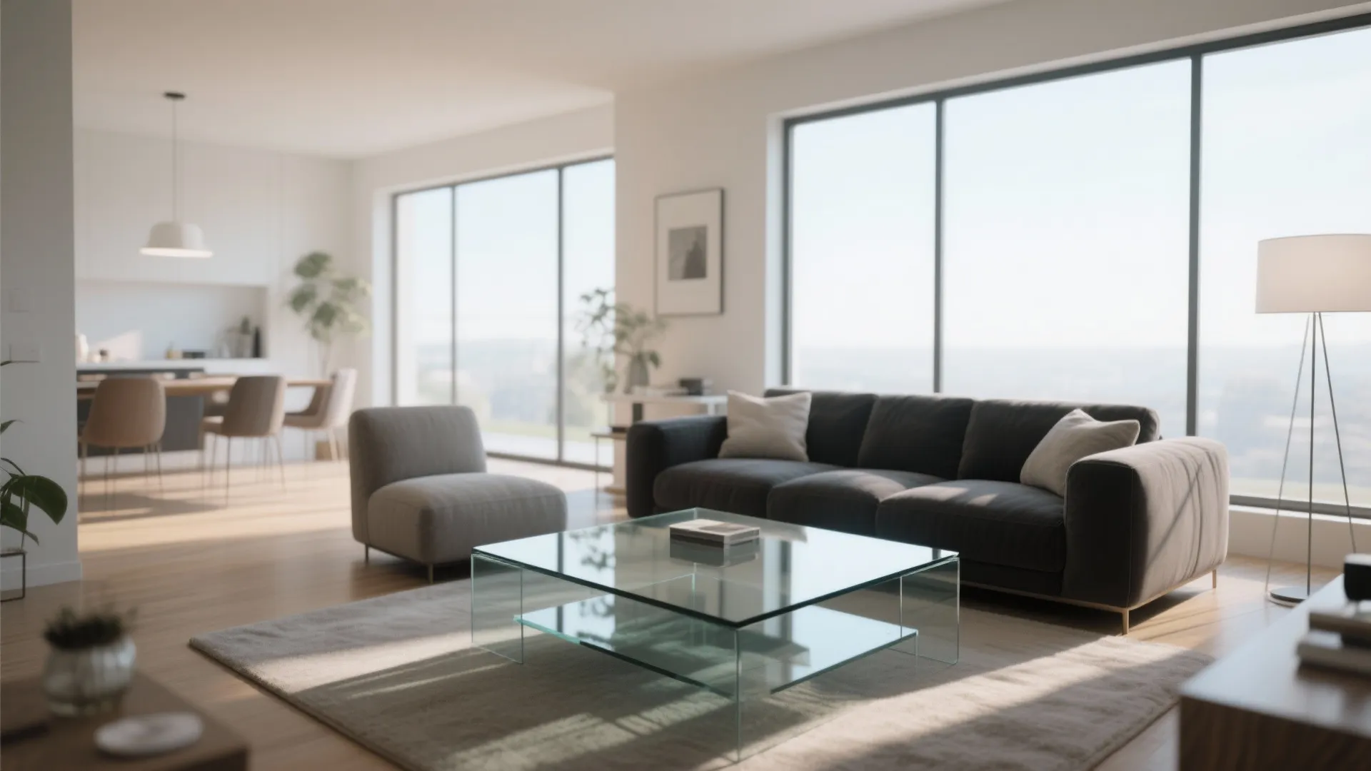 Modern living room with a clear glass coffee table, dark sofa, large windows and dining area