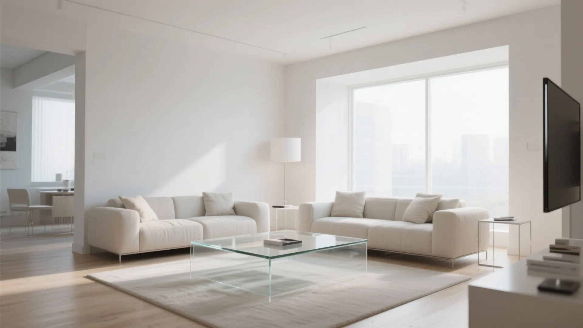 Bright minimalist living room featuring white sofas glass coffee table large windows and wooden floor design