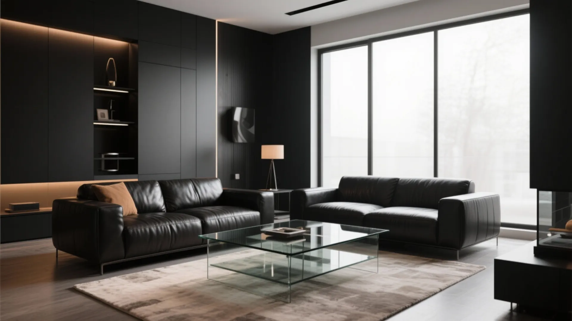 Modern dark living room with two black leather sofas and a glass coffee table design