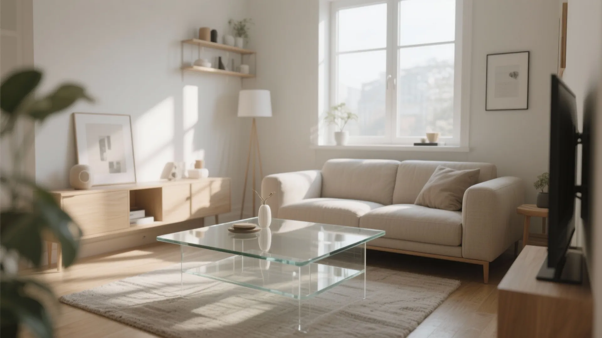 Modern living room with beige sofa glass coffee table wood cabinet floor lamp and natural light