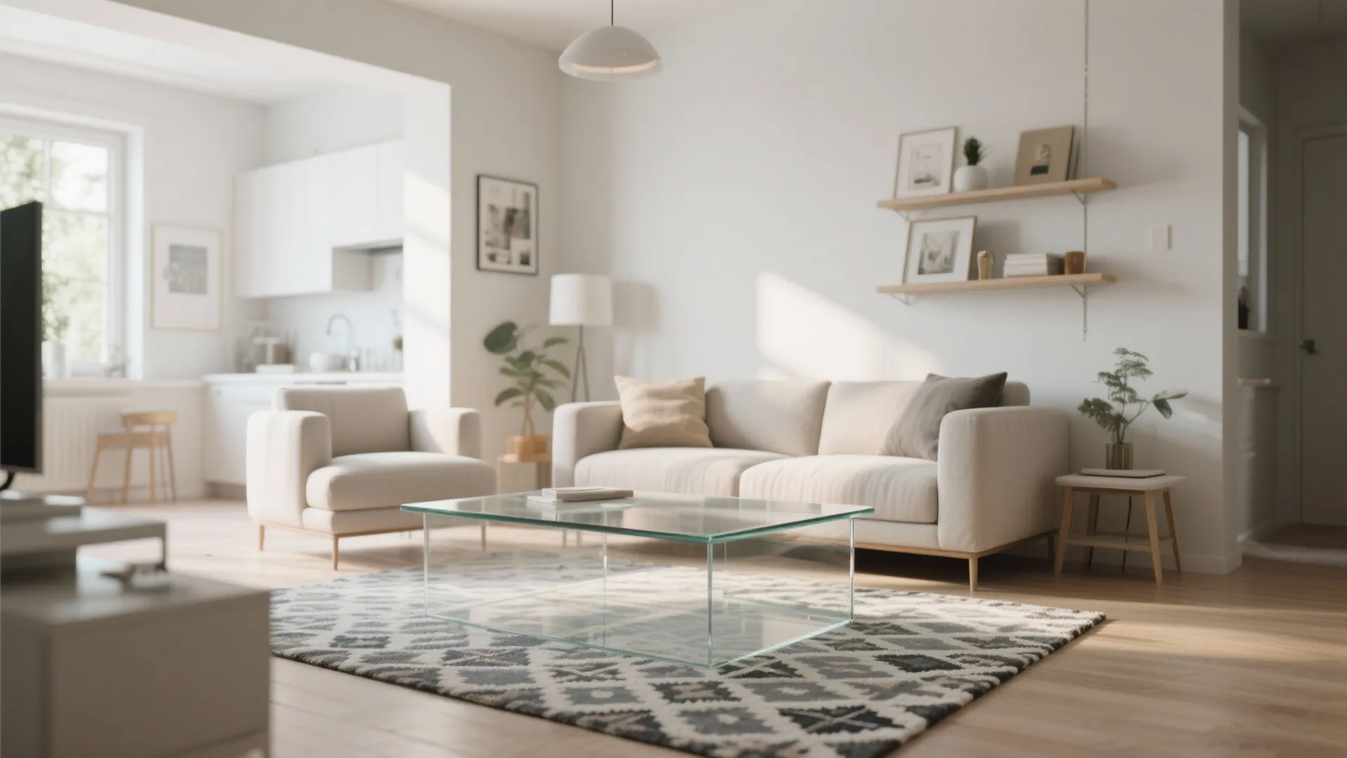 Transparent glass coffee table on patterned rug in bright living room with white sofa set