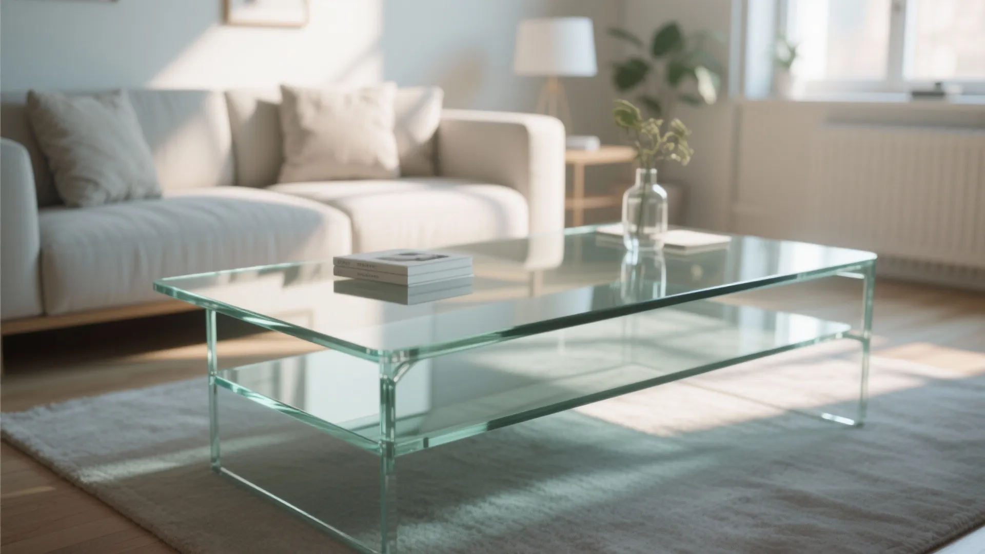 Glass coffee table reflecting daylight in airy living room