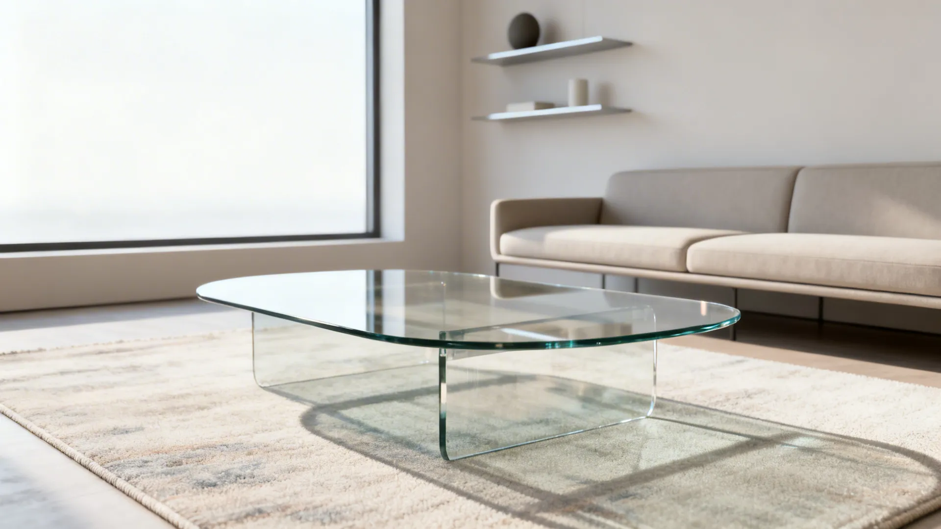 Minimalist tempered glass coffee table in a studio living room creating an airy feel