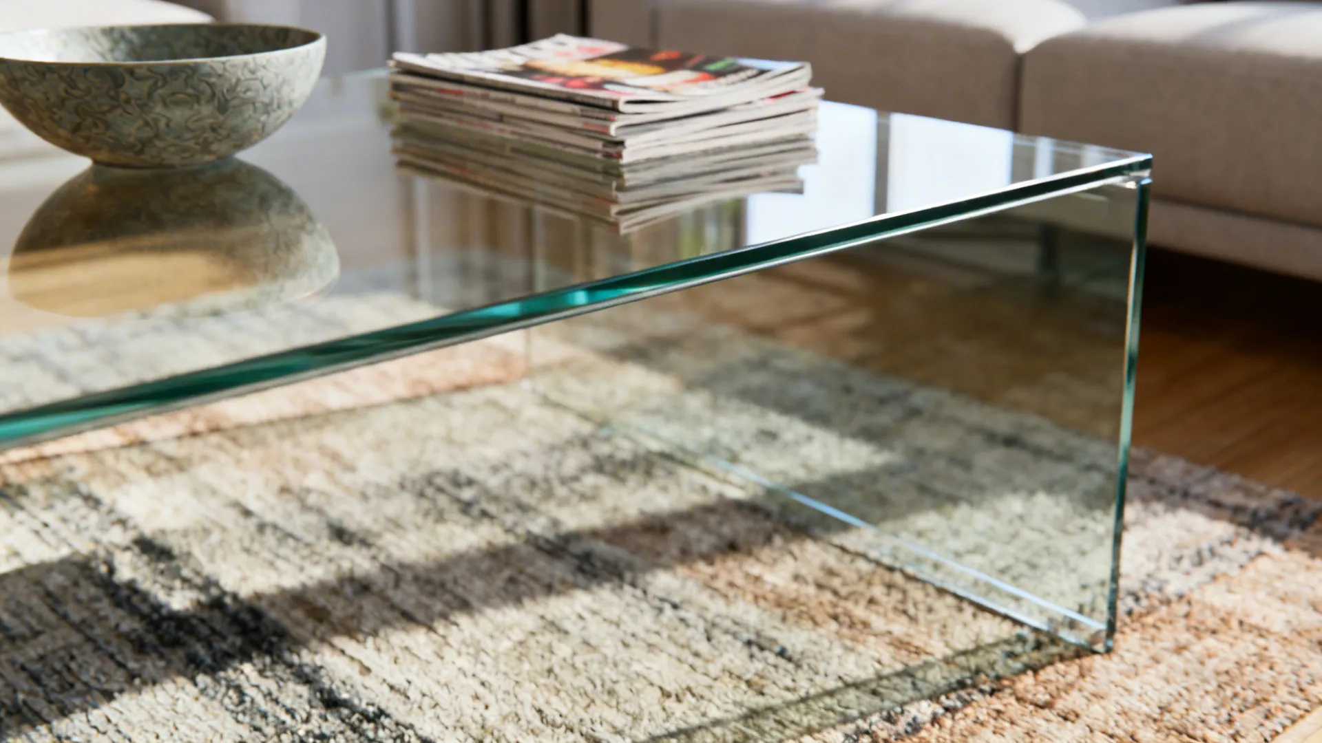 Tempered glass coffee table showing visual lightness and reflections in a small living room