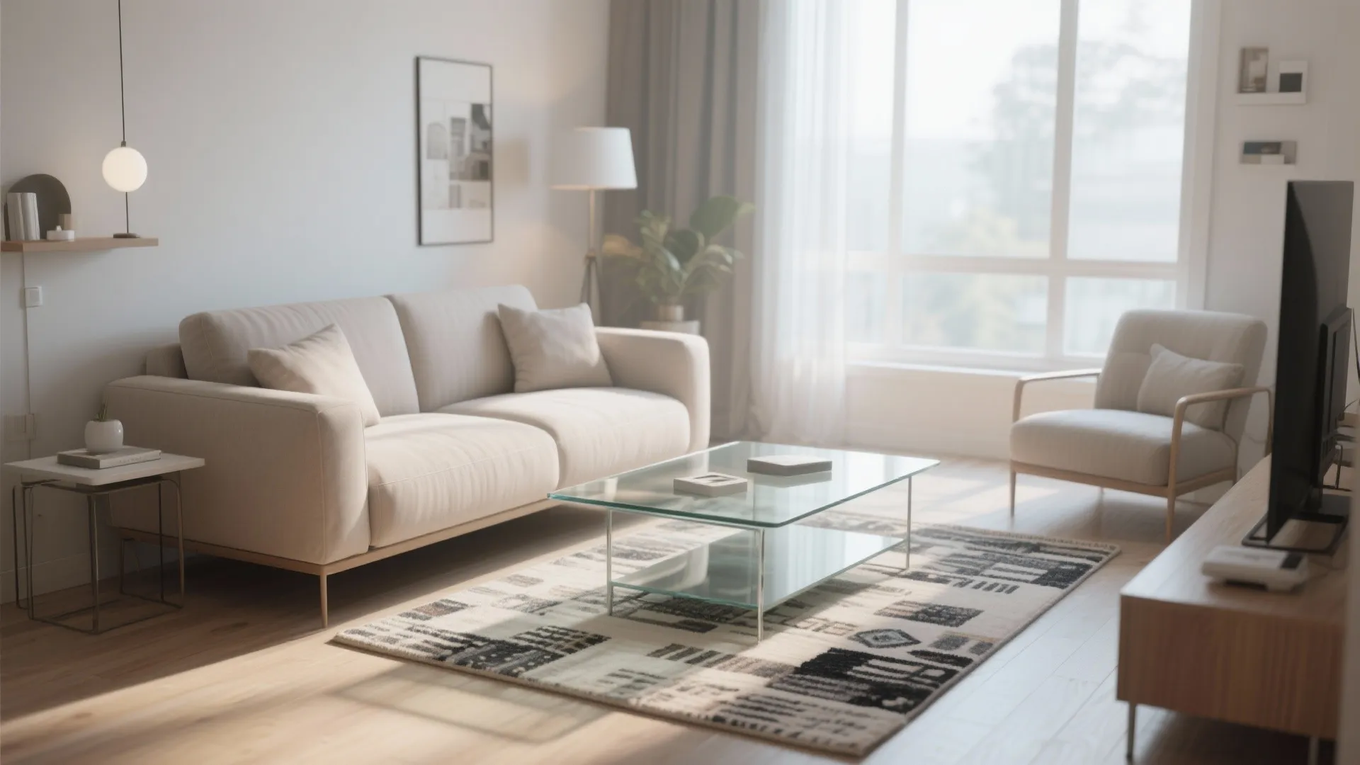 Modern living room featuring glass coffee table cream sofa patterned rug and large bright sunny windows