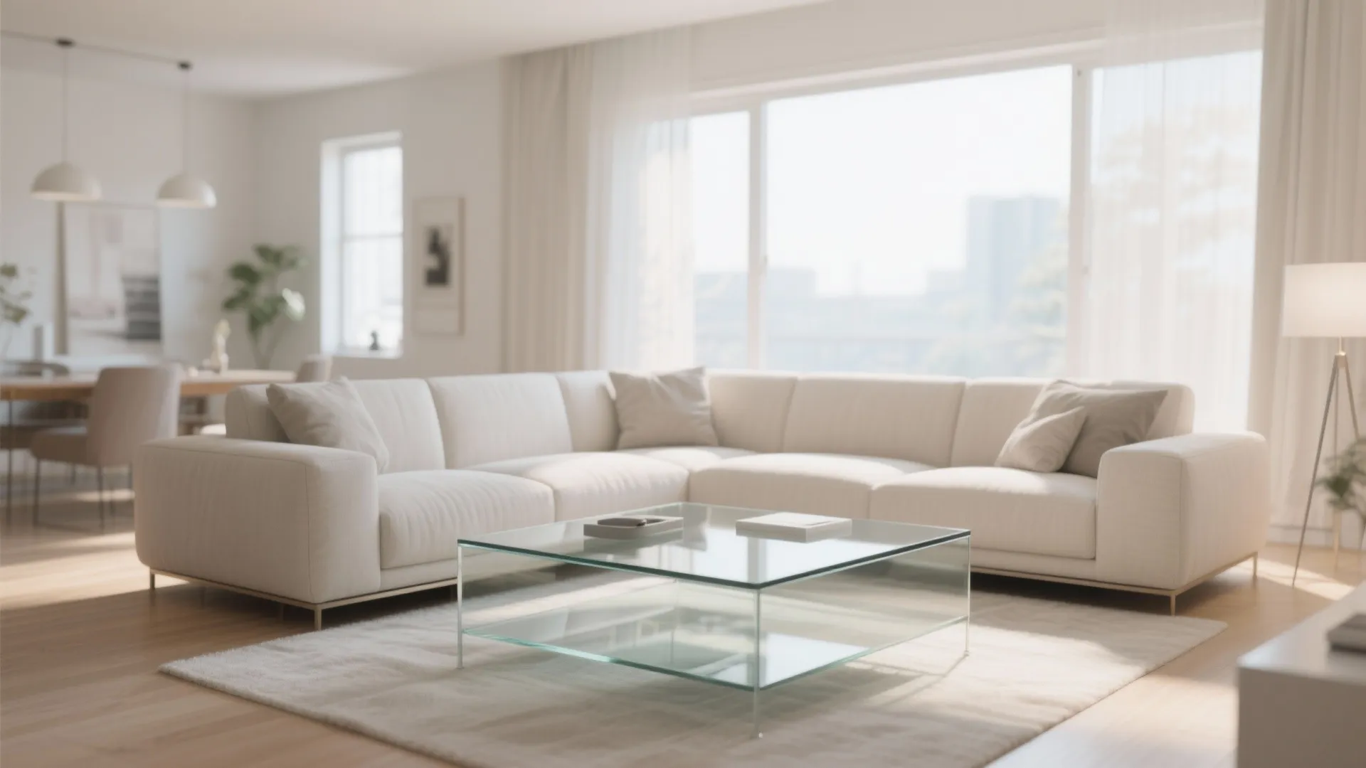 Minimalist living room featuring a glass coffee table white corner sofa and bright natural light
