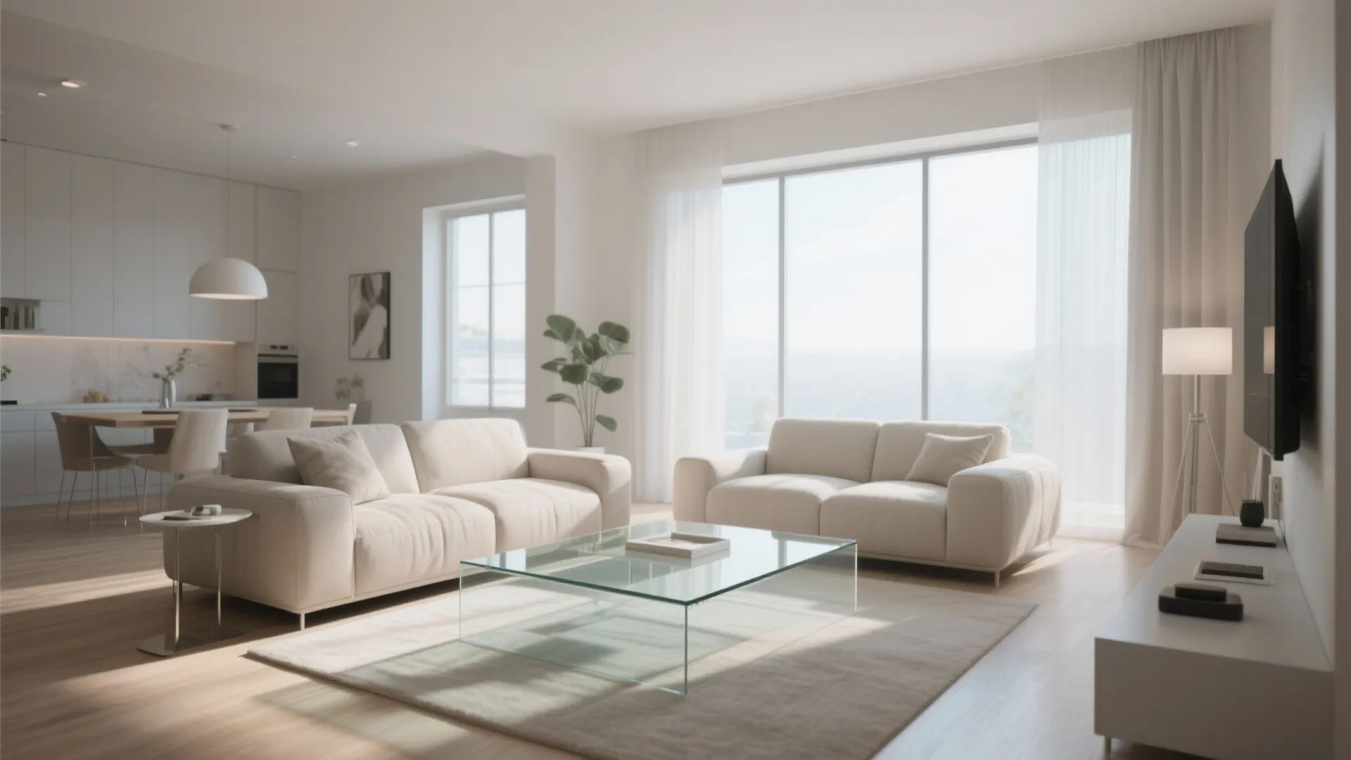 Bright open plan living room with glass coffee table white sofas and large floor-to-ceiling windows