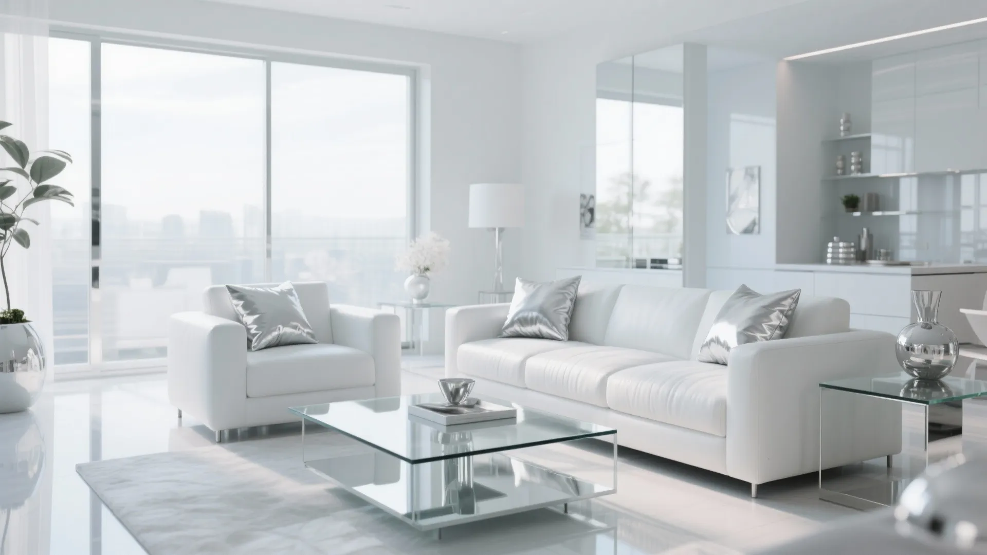 Silver-white living room with glass coffee table and white sofa
