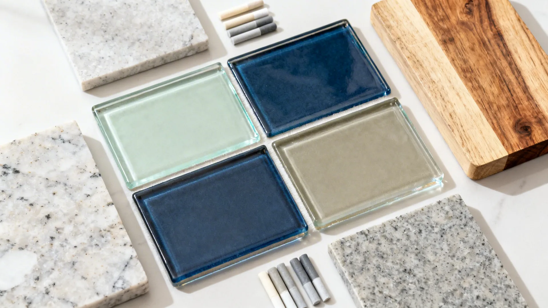 Top-down palette with sage, ink, and greige glass tiles alongside grout and counter swatches.