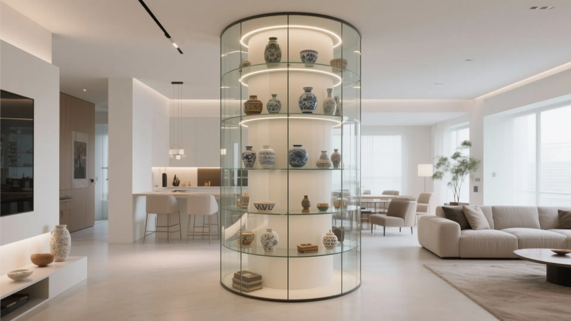 Bright white living room featuring a round glass cabinet with shelves displaying various ceramic vases