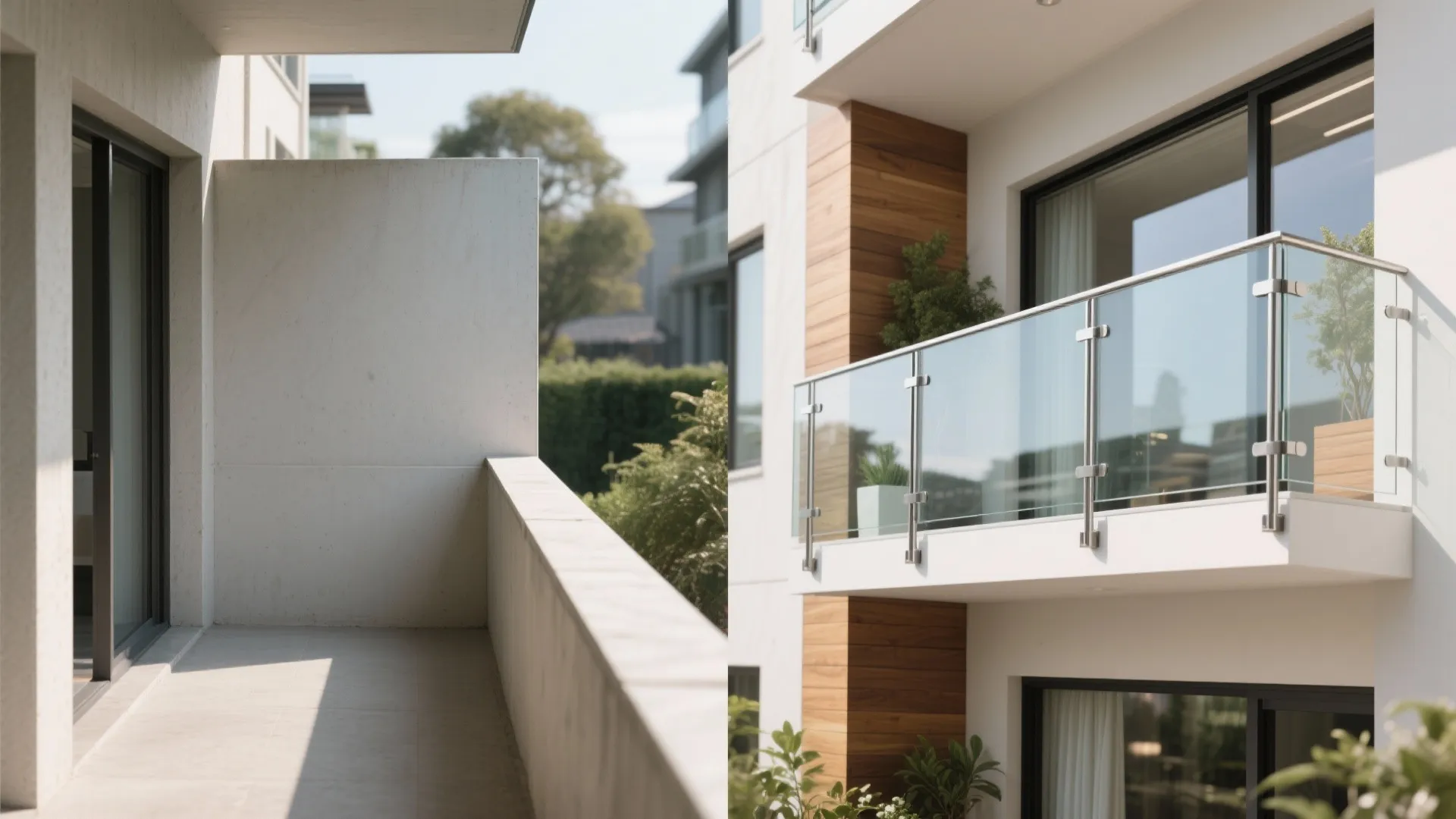 Side by side comparison of a plain concrete balcony wall and a modern glass railing