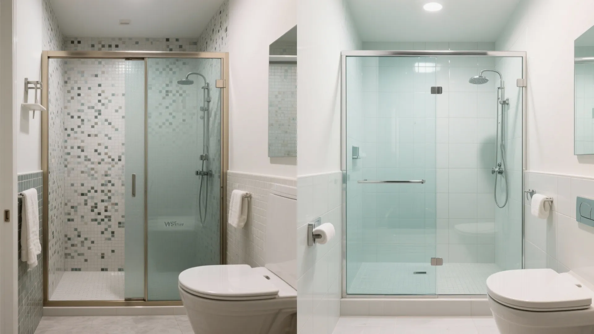 Before and after comparison of bathroom remodel showing mosaic tiles versus clean white wall tiles