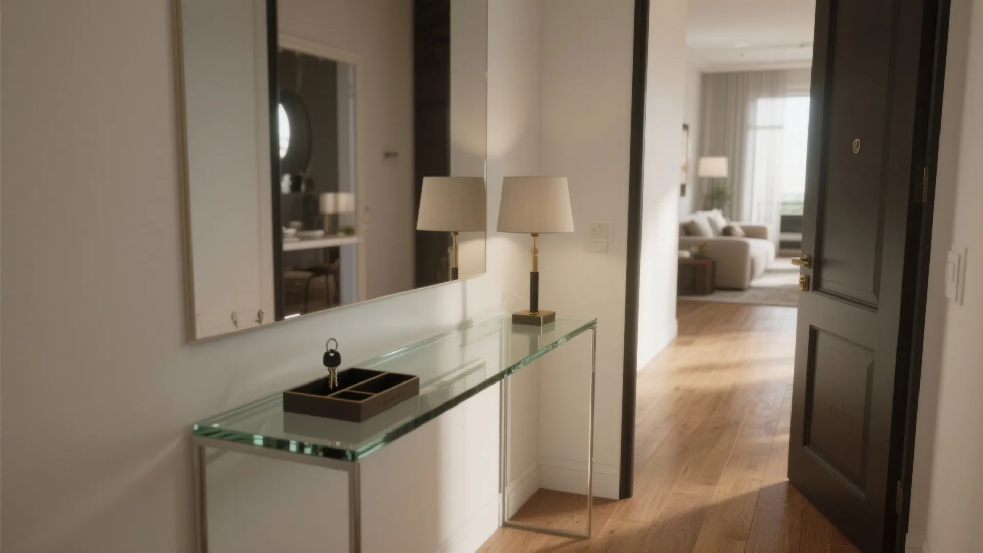 Entryway with a glass cabinet and table lamp near a mirror and an open door