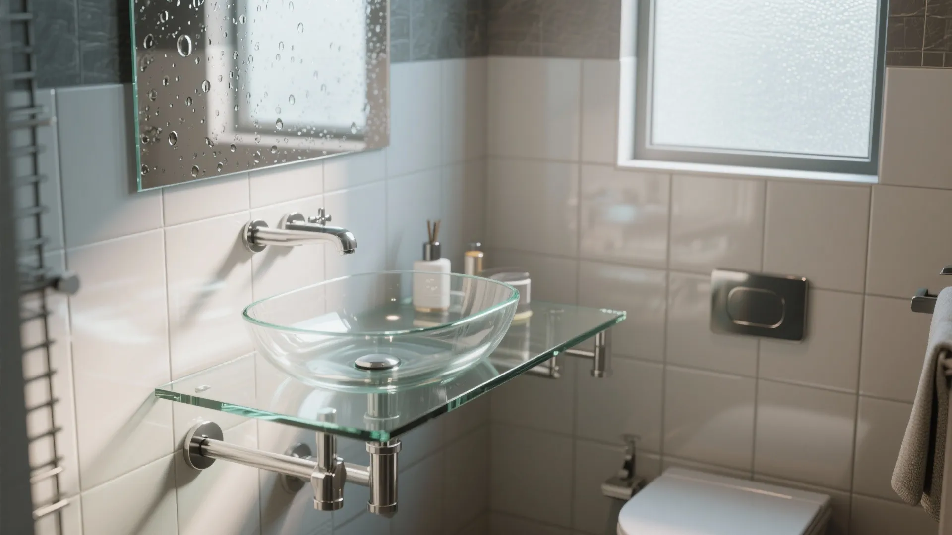 Compact bathroom with a tempered glass console sink that maximizes light and feels larger.