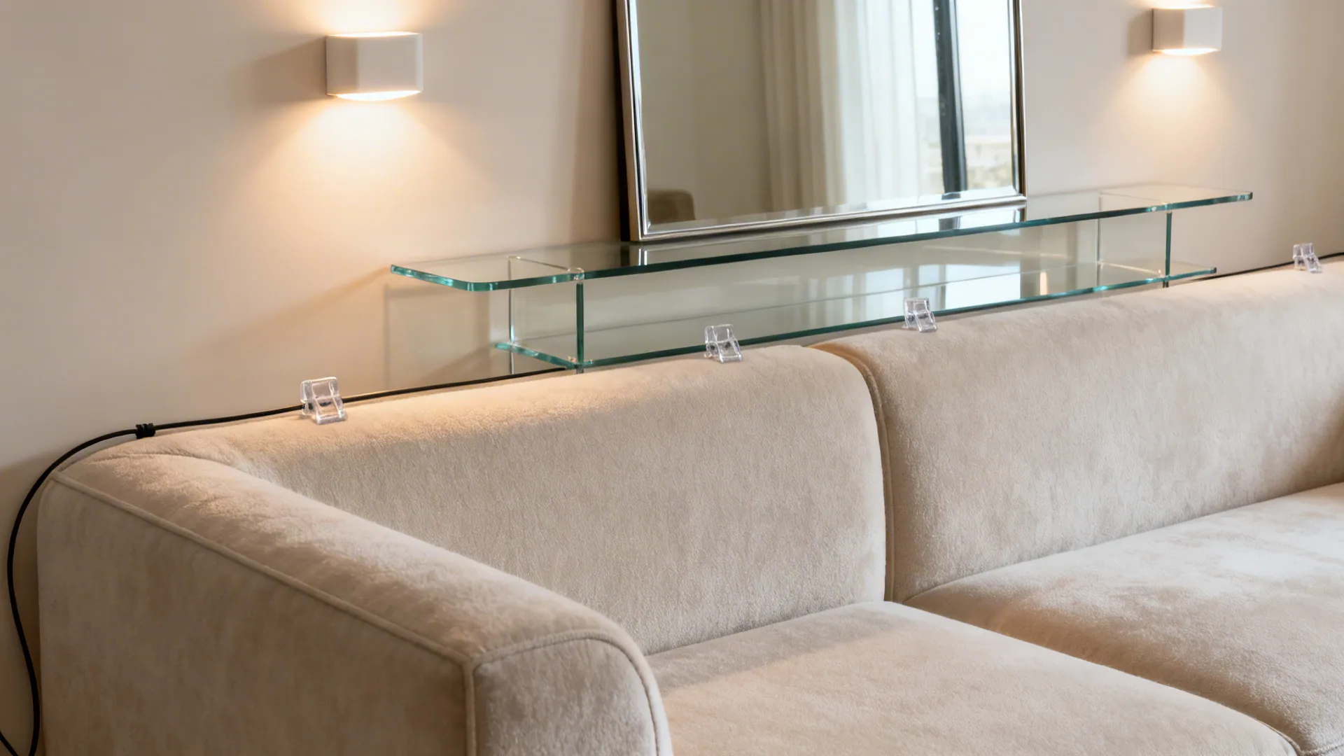 Glass-backed console, slim mirror, and wall-wash sconces behind an L-shaped sofa.