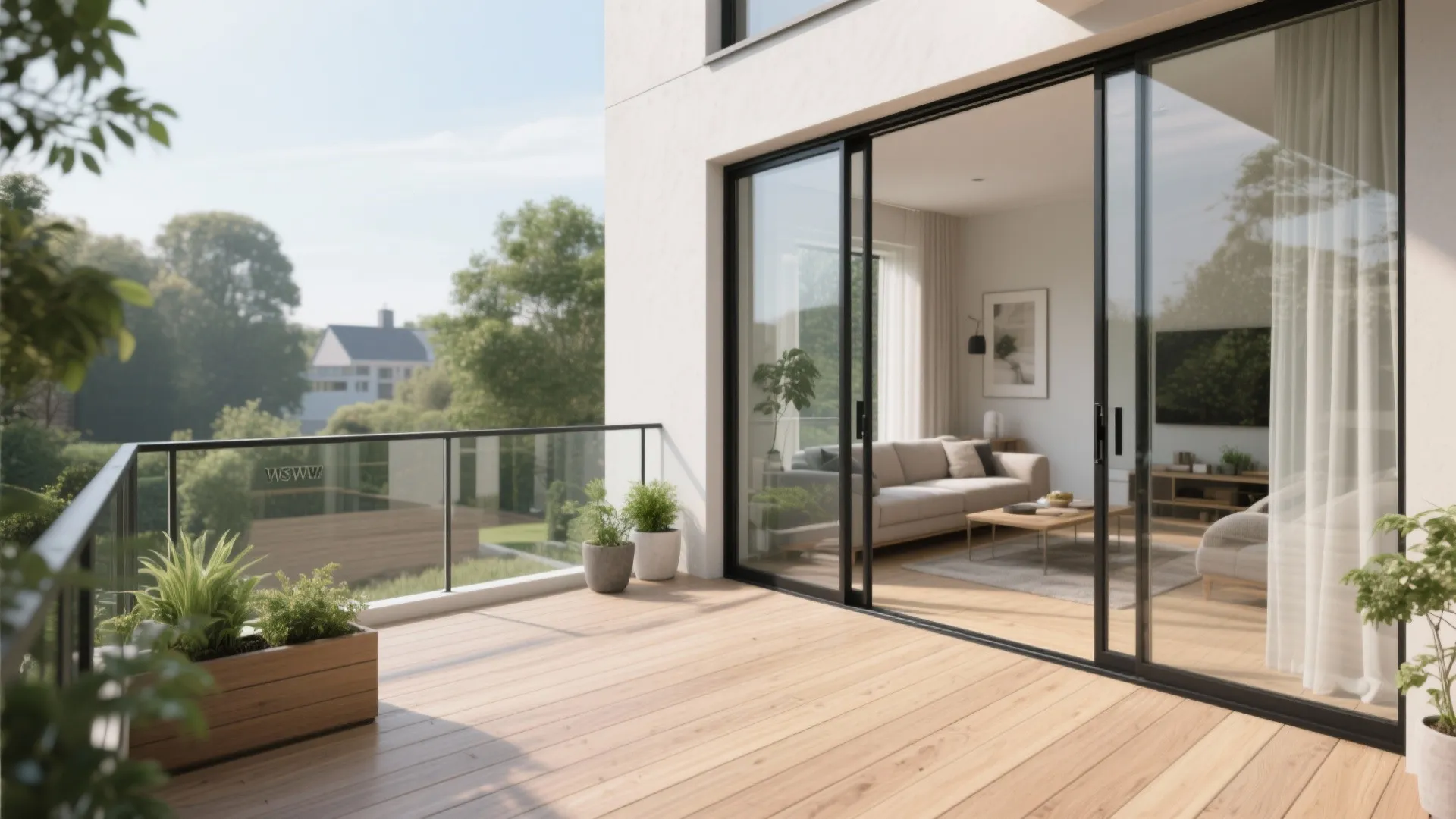 Modern balcony with wooden floor glass railing and sliding doors showing bright living room interior