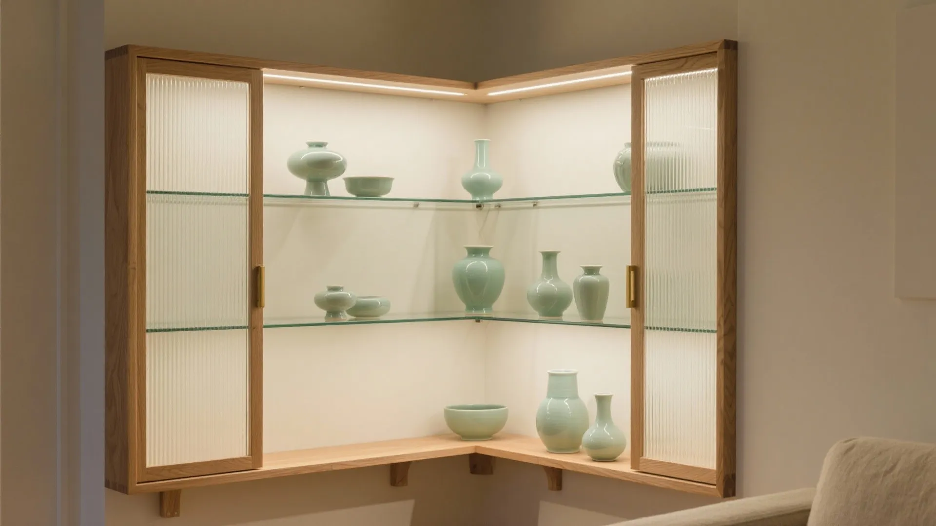 Corner wooden cabinet with glass shelves displaying light green vases and built in ceiling light