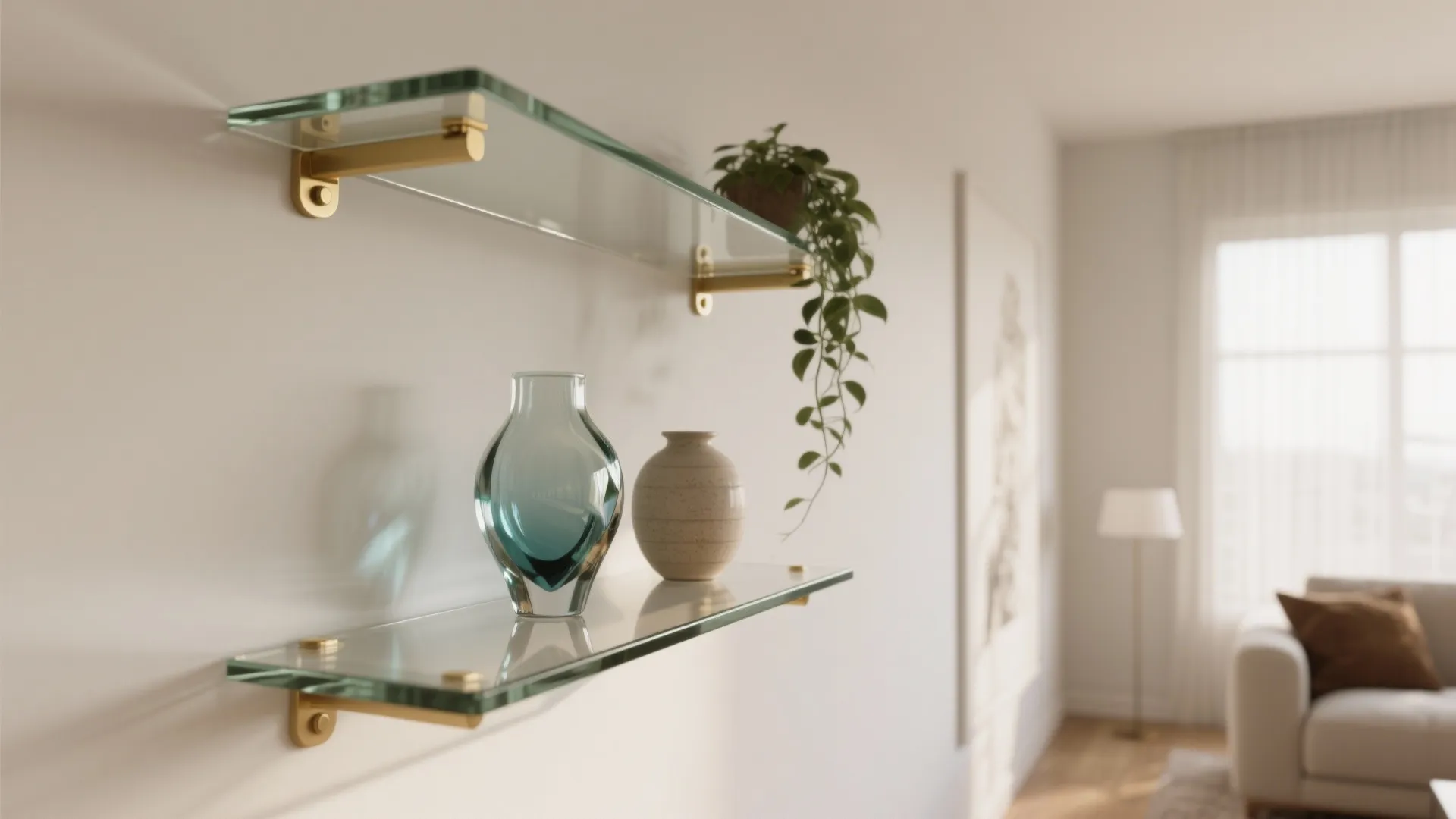 Glass corner shelves to keep sightlines open