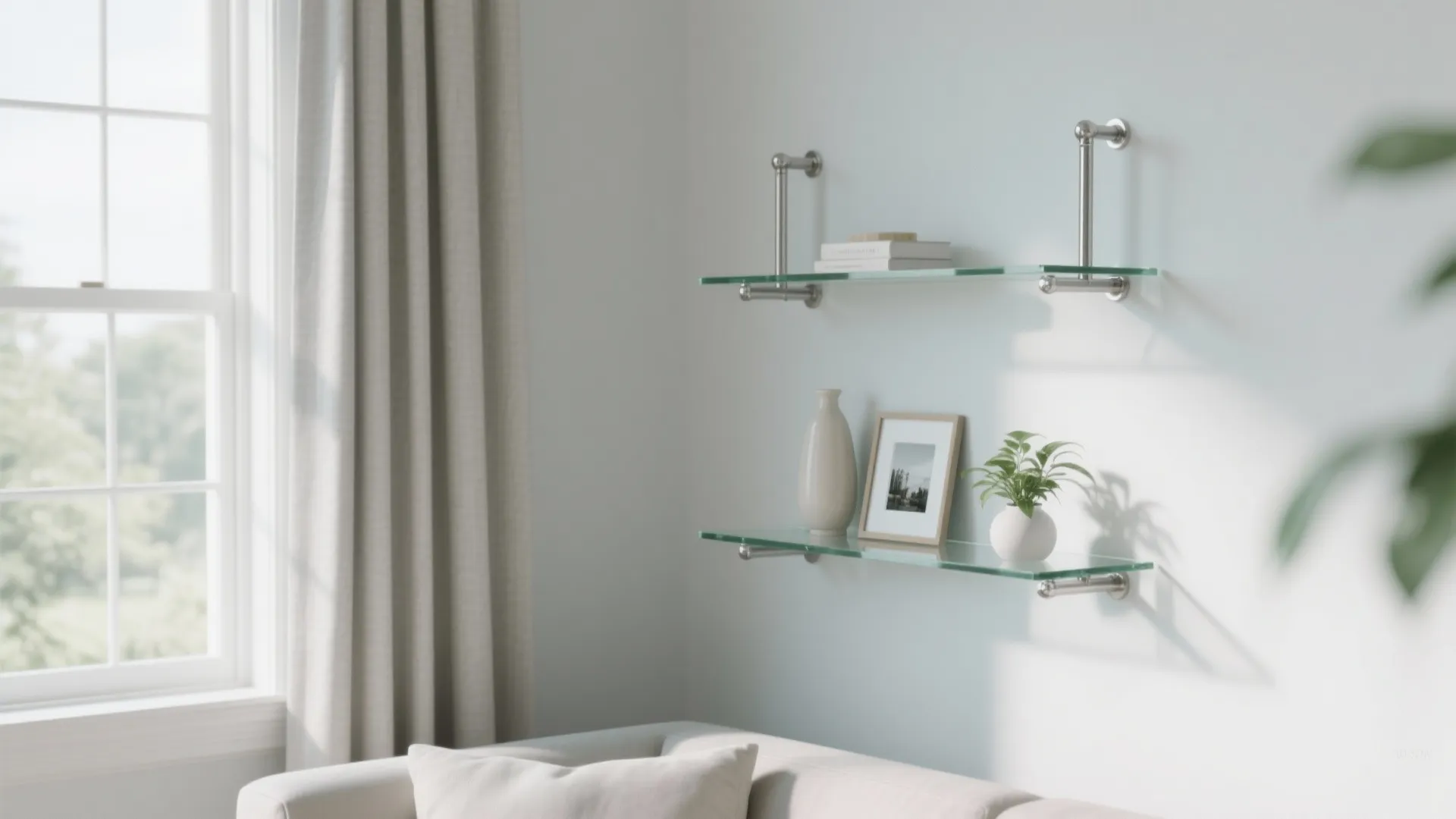 Two glass wall shelves with silver metal supports holding books a vase and small plant