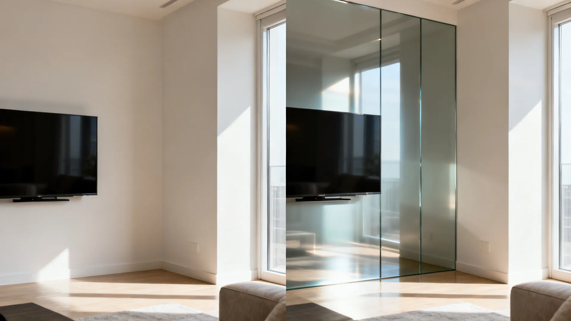 Before and after comparison of living room wall versus adding a new glass partition wall design