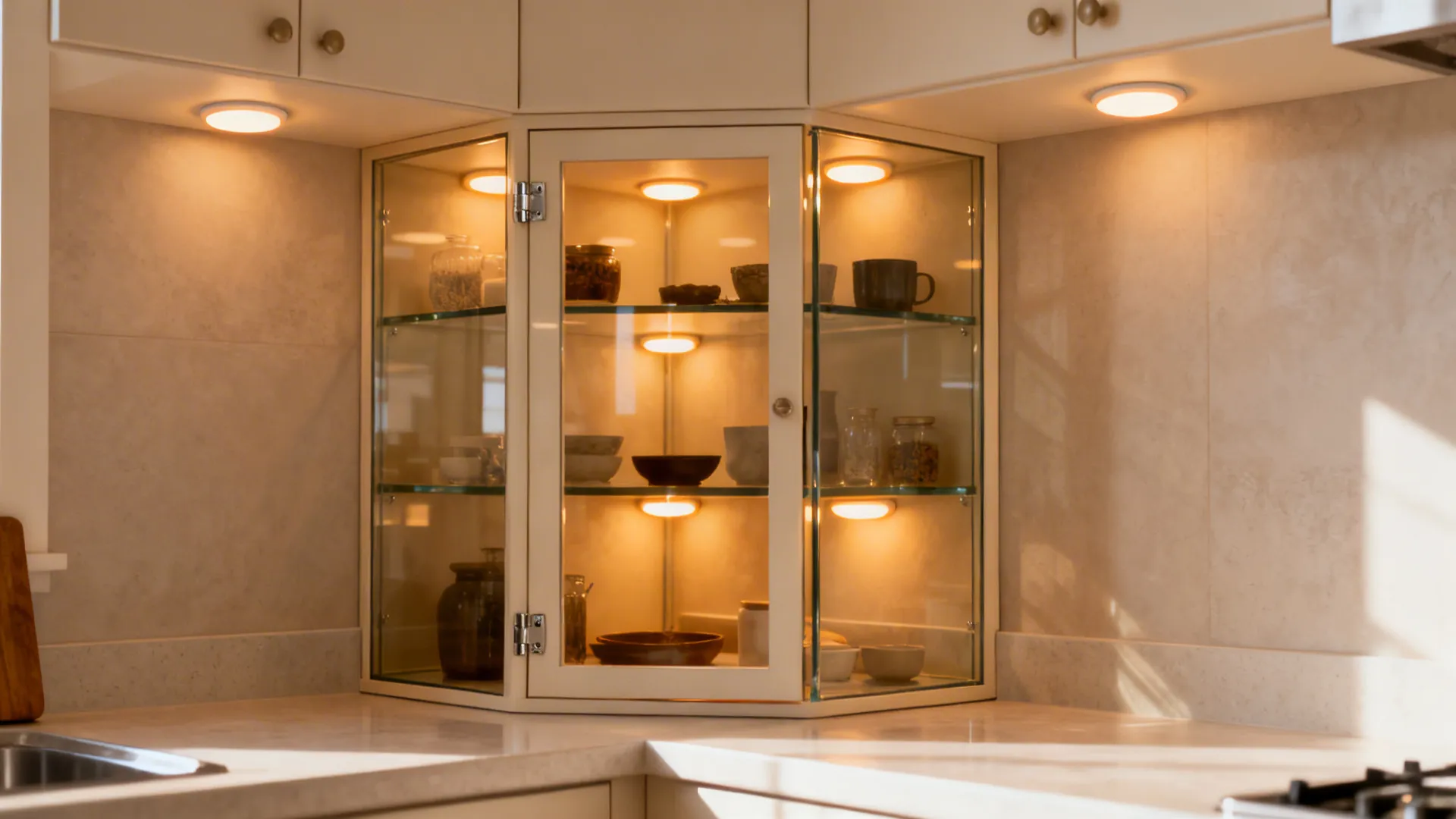 Bright kitchen corner with a lit glass-front diagonal corner cabinet.