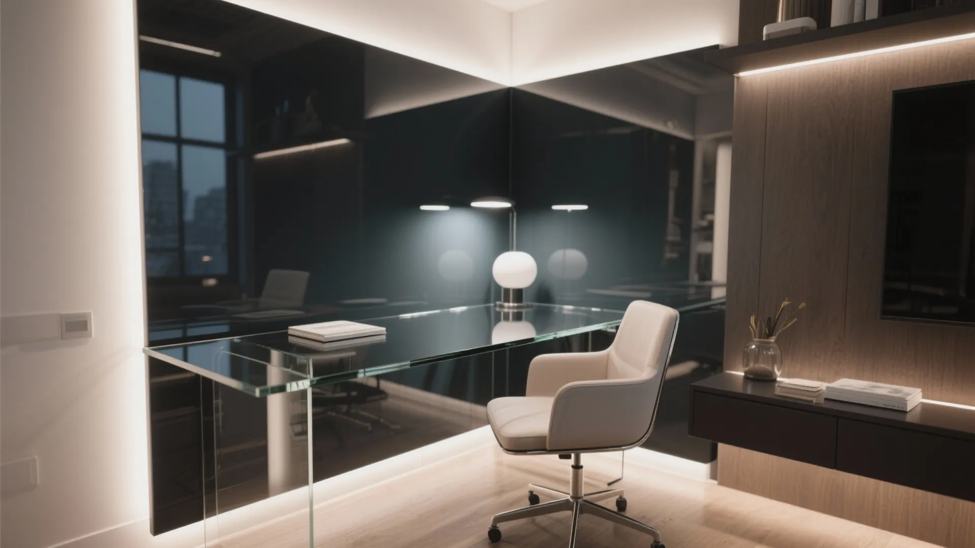 Sleek glass desk with white office chair in a dark modern room with warm lighting
