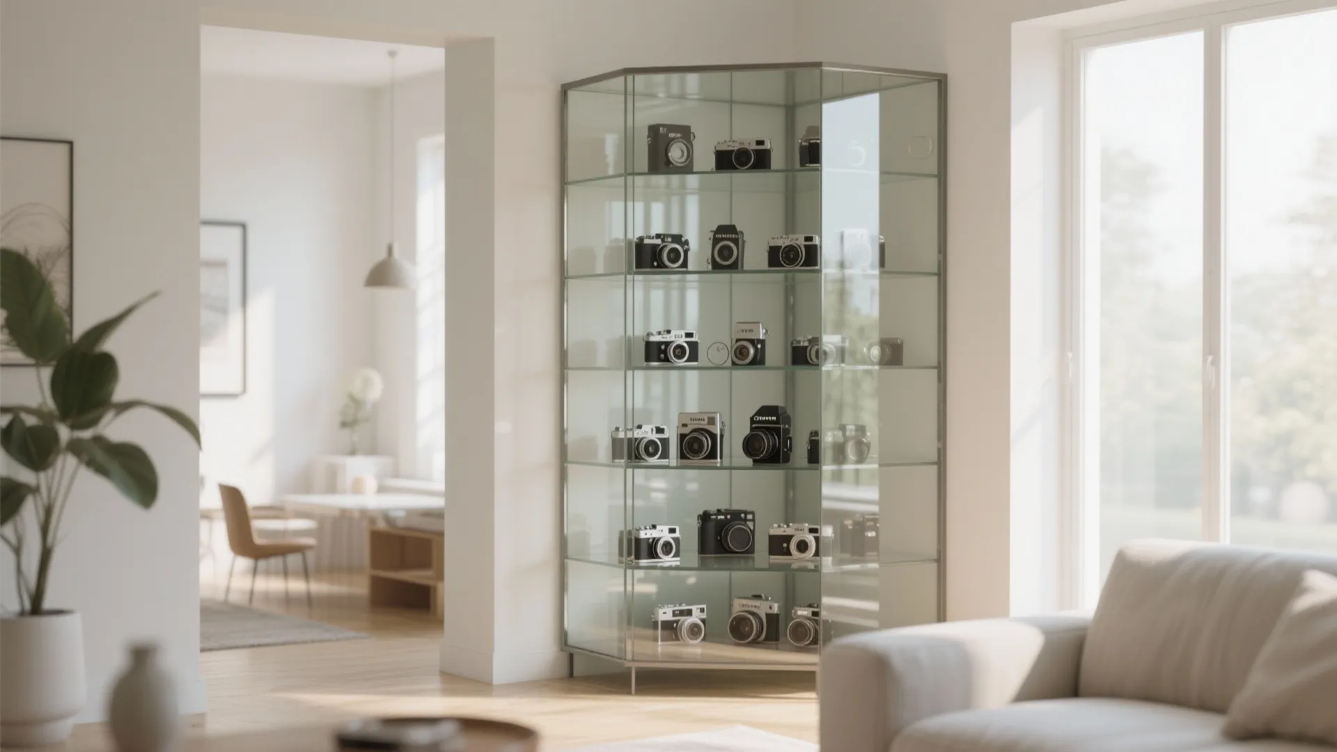 Glass display cabinet filled with vintage cameras standing in a corner of a bright room