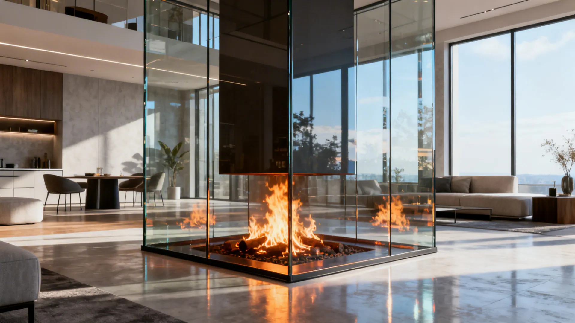 Modern open plan living room with a central glass fireplace large windows and beige sofa