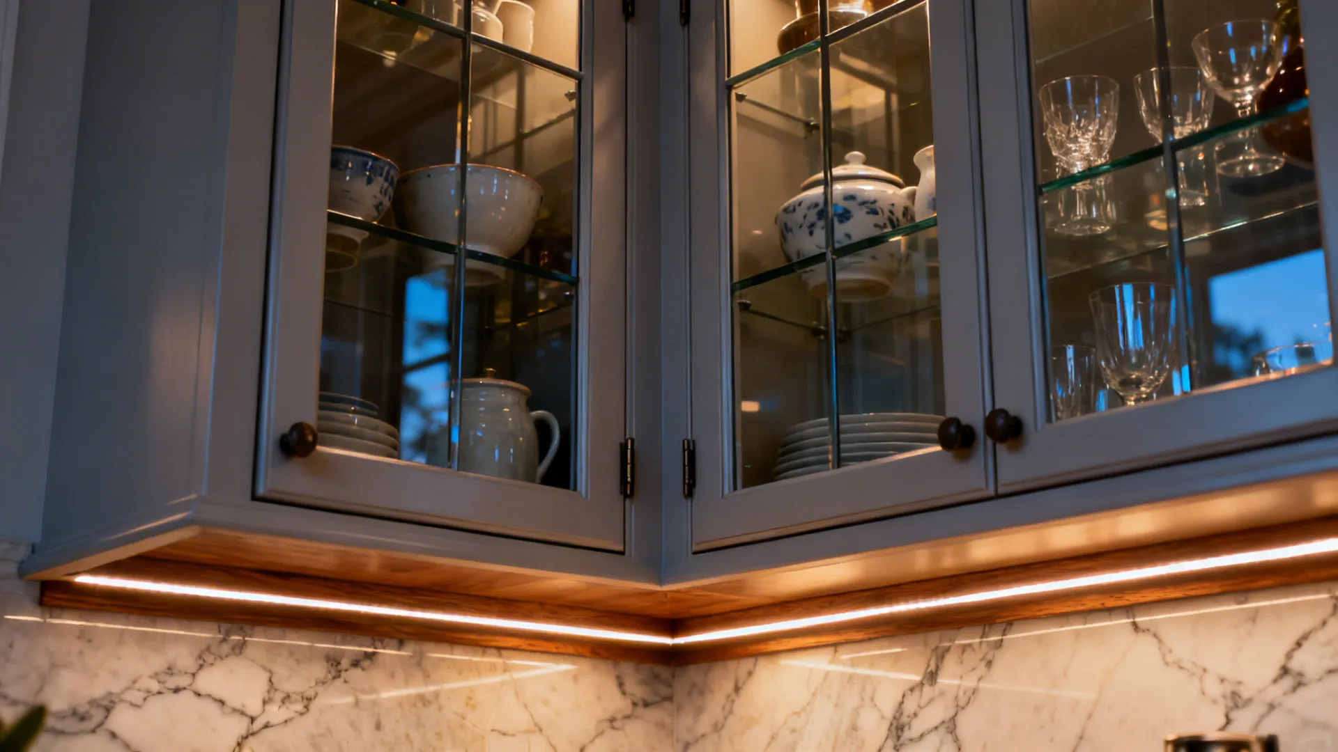 Glass-front upper corner cabinet lit with warm LEDs showcasing neatly arranged ceramics.