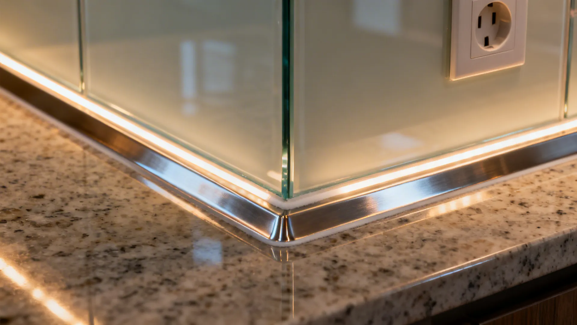 Close up of glass wall panels with metal trim led light strip and granite counter top