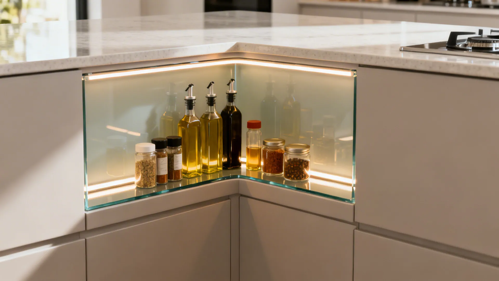Under-slab corner niche with back-painted glass return and LED lighting storing oils and spices.