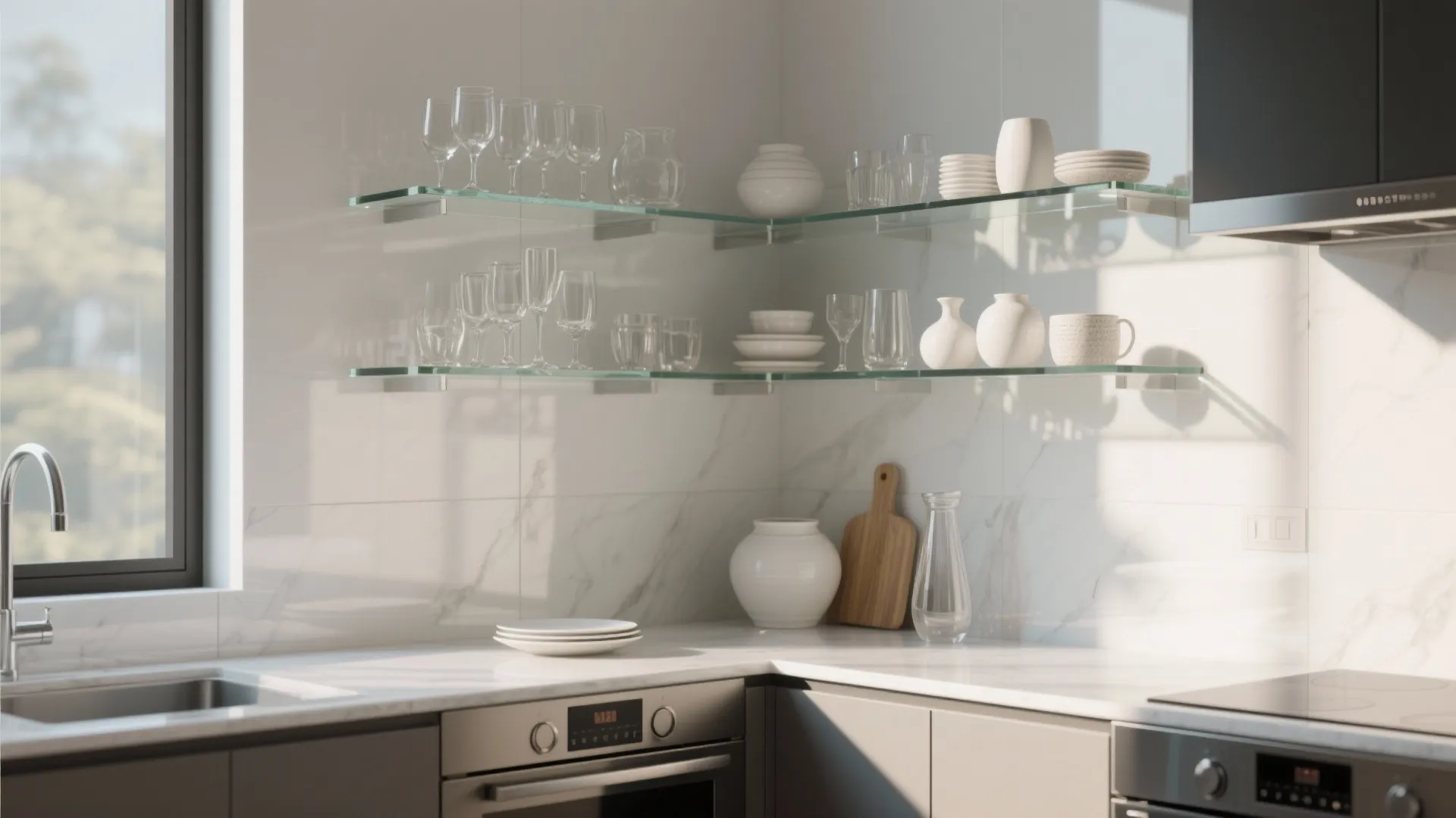 Modern kitchen with glass corner shelves displaying wine glasses and white plates on marble wall background