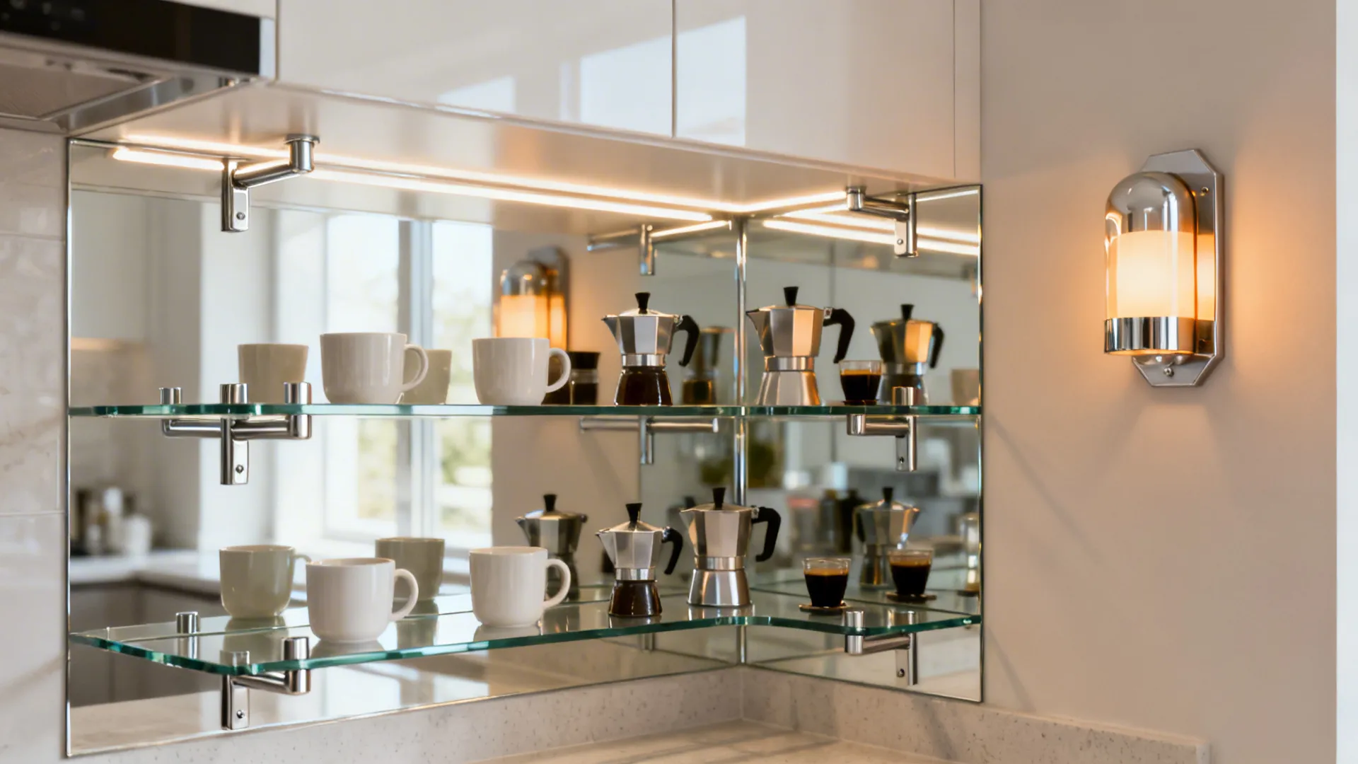 Slim tempered glass shelves with a reflective backsplash brighten a small kitchen corner coffee station.