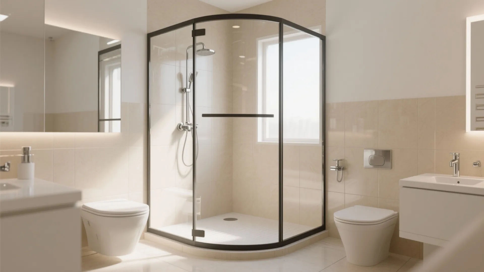 Modern bathroom with black frame corner glass shower beige wall tiles white toilet and mirror