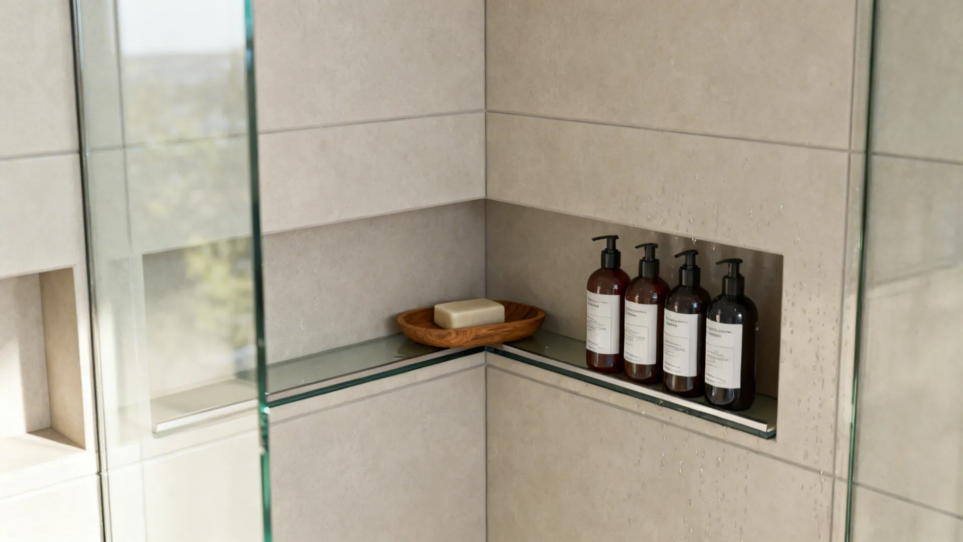 Frameless glass shower corner with recessed niches and slim built-in shelf holding toiletries