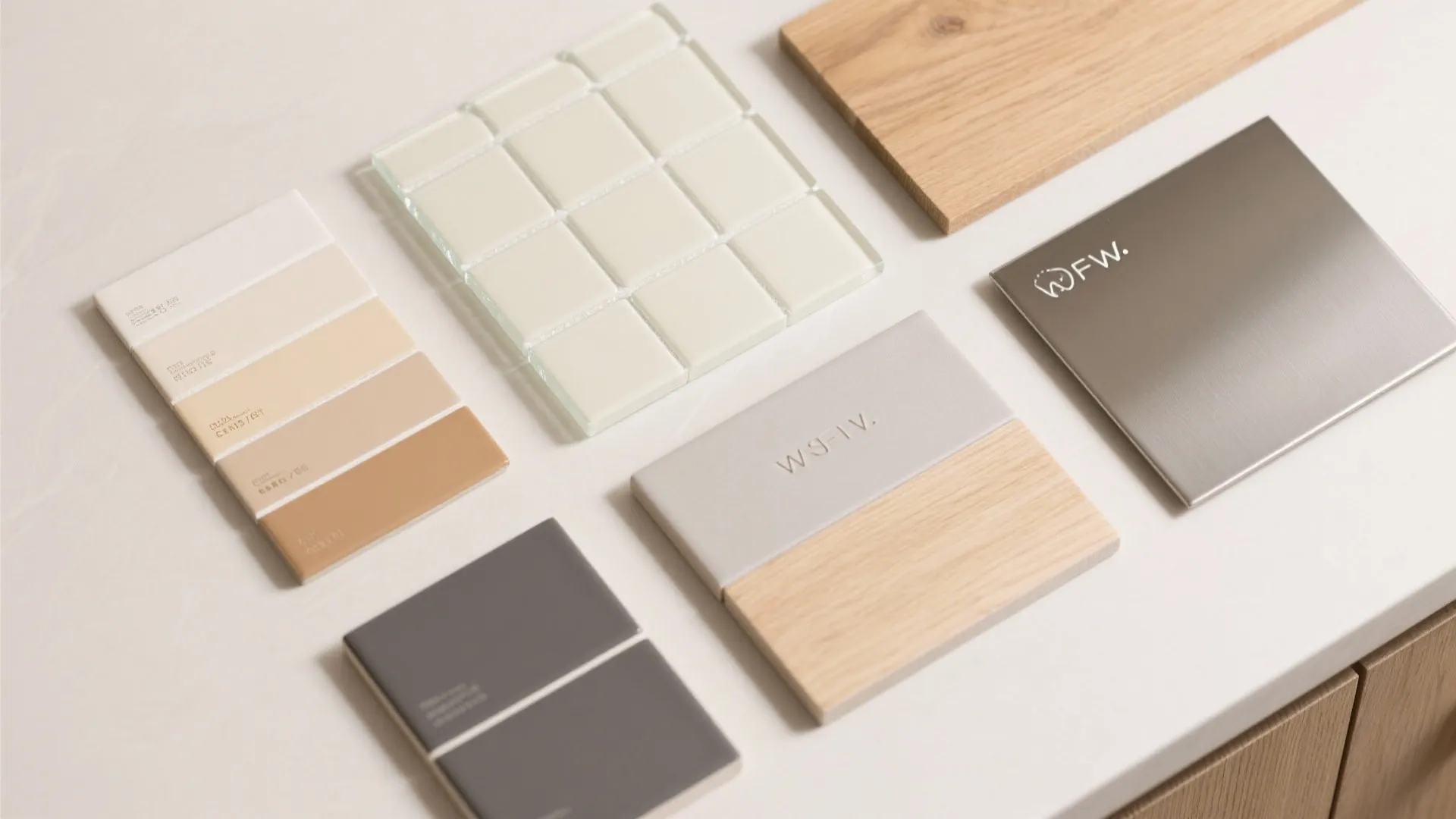 Various interior design material samples including wood planks tiles paint colors and metal surface boards