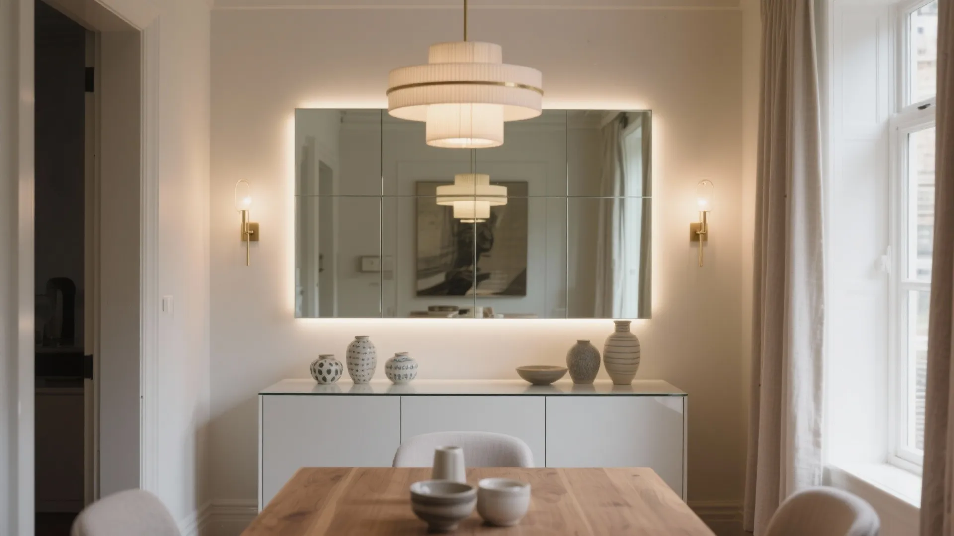 Glass-Backed Credenza with Reflective Depth