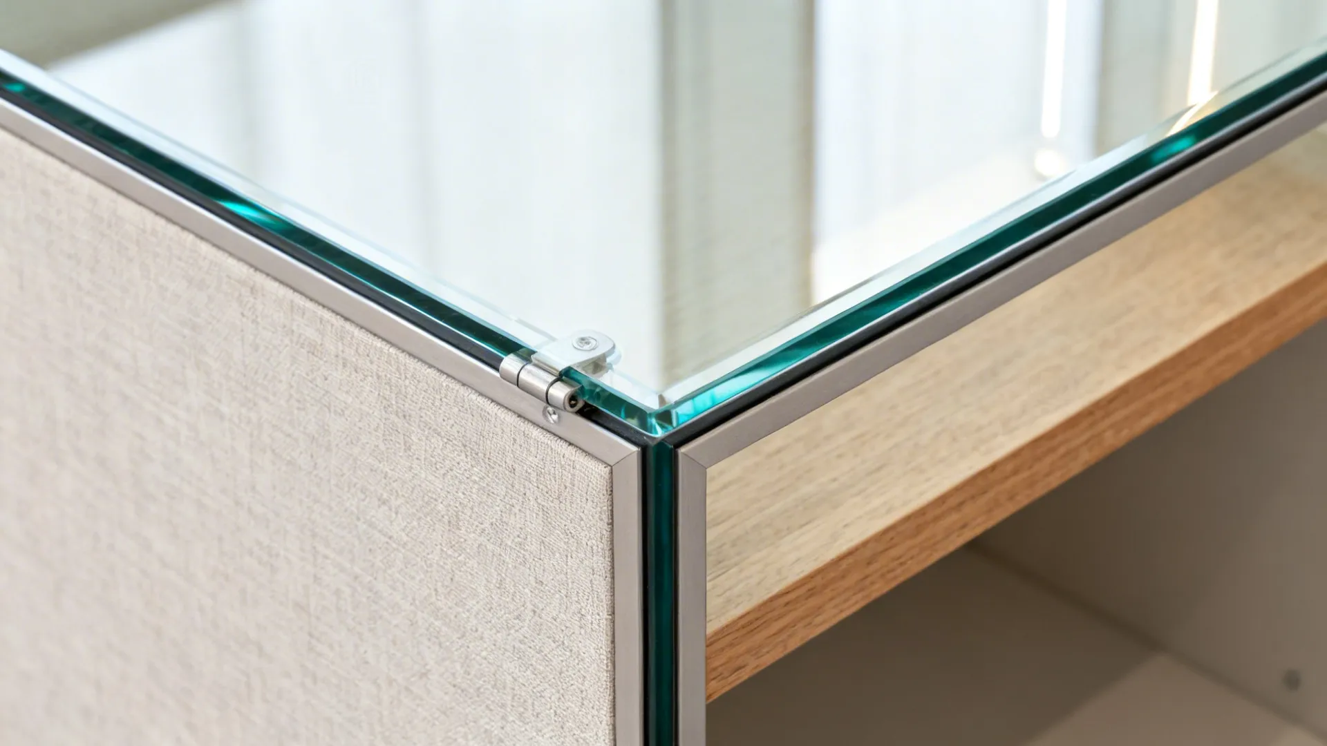 Close-up of tempered glass door with slim frame and linen-backed interior