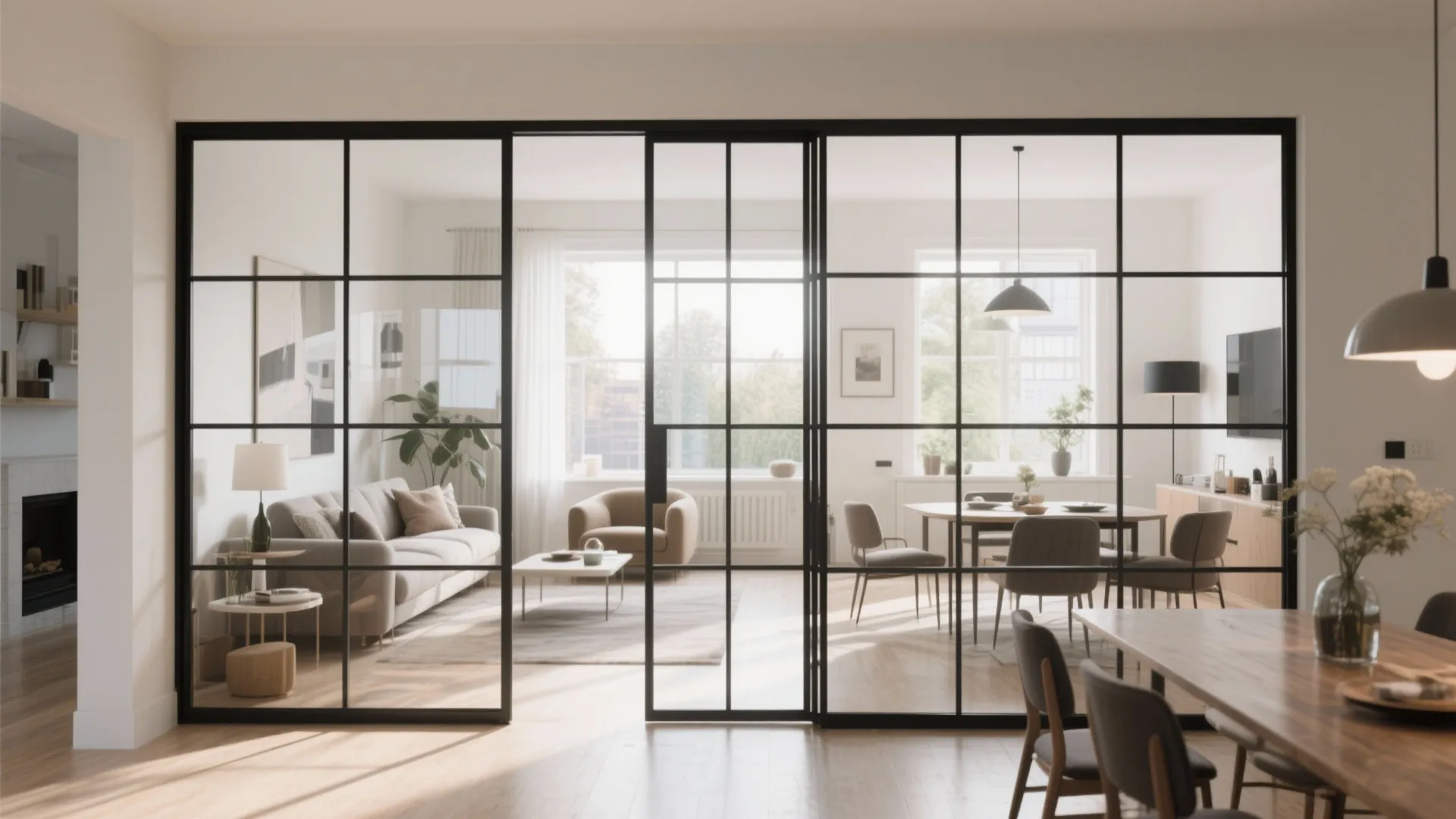 Black frame glass wall separates a bright living room from a wooden dining table area
