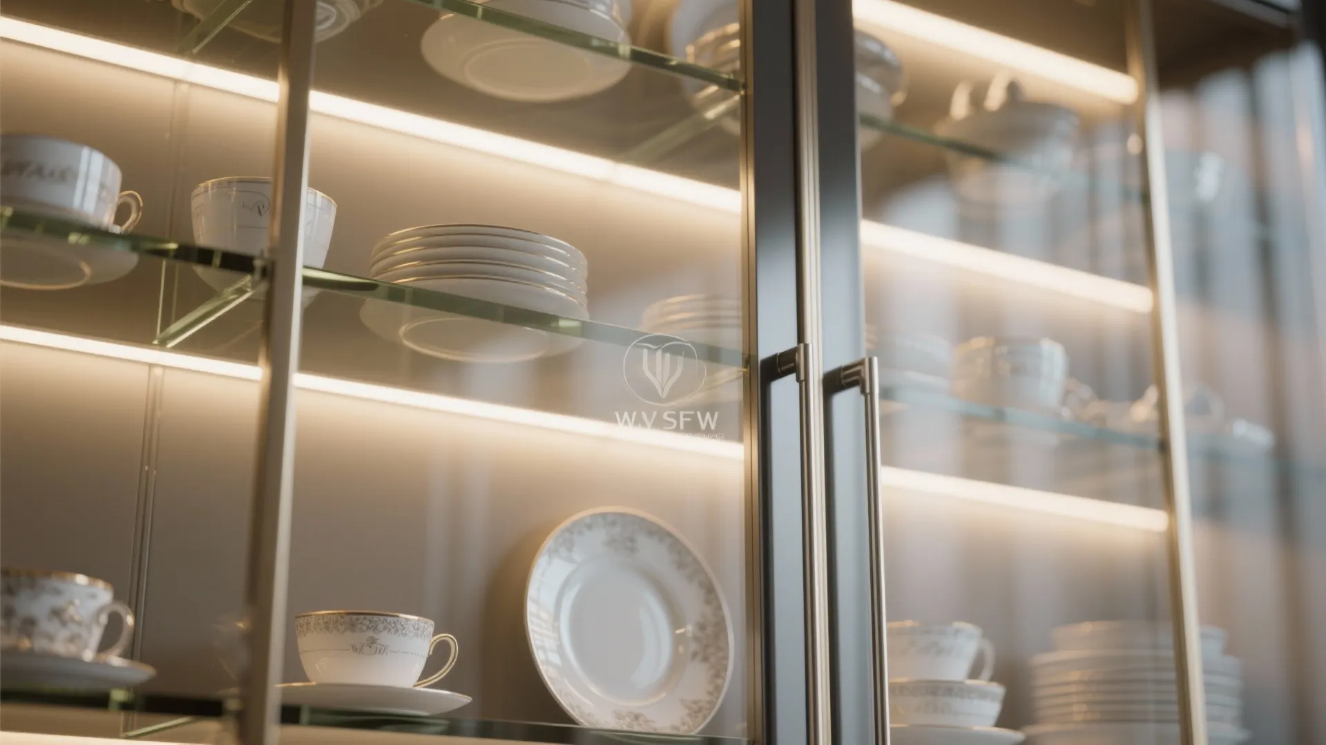 Modern glass display cabinet with built-in light strips showing elegant white teacups and ceramic plates