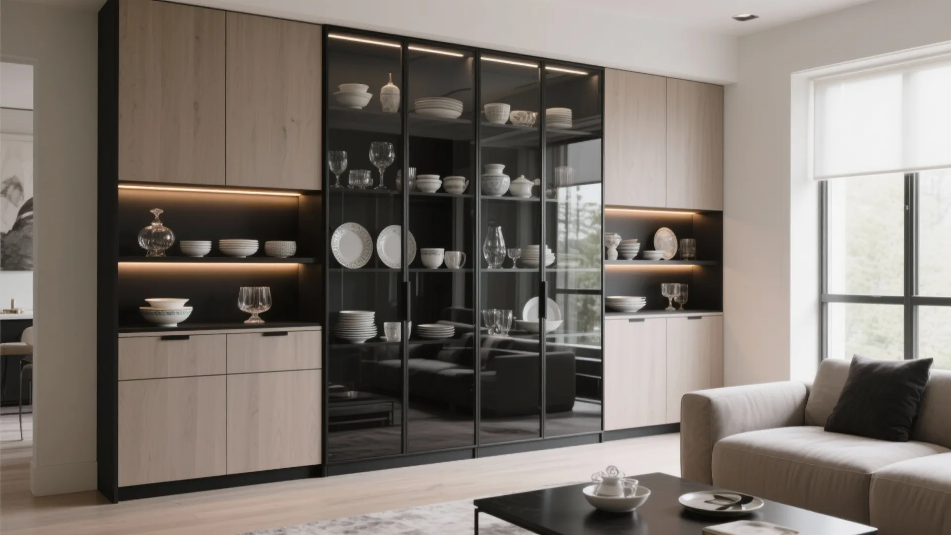 Modern wood and glass storage cabinet displaying dishes next to a sofa and coffee table