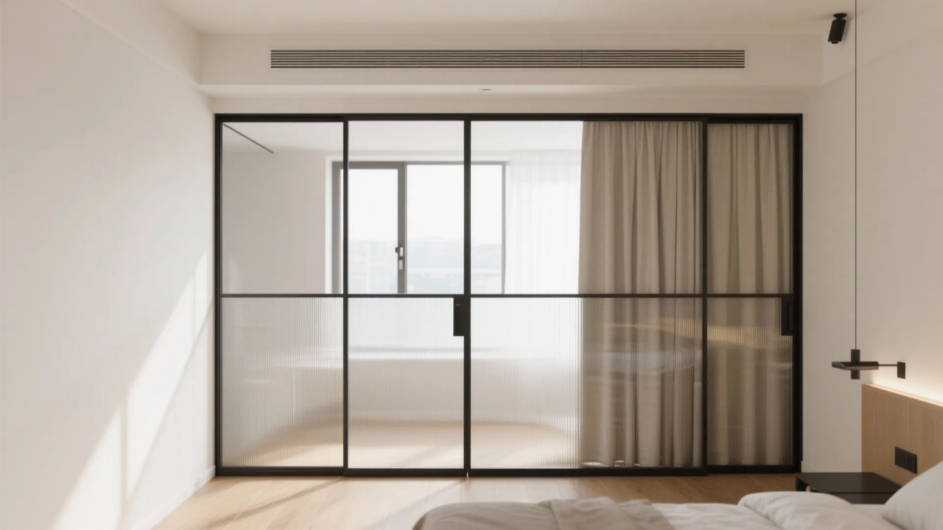 Minimalist bedroom with large sliding glass partition wall curtain and bright natural light from windows