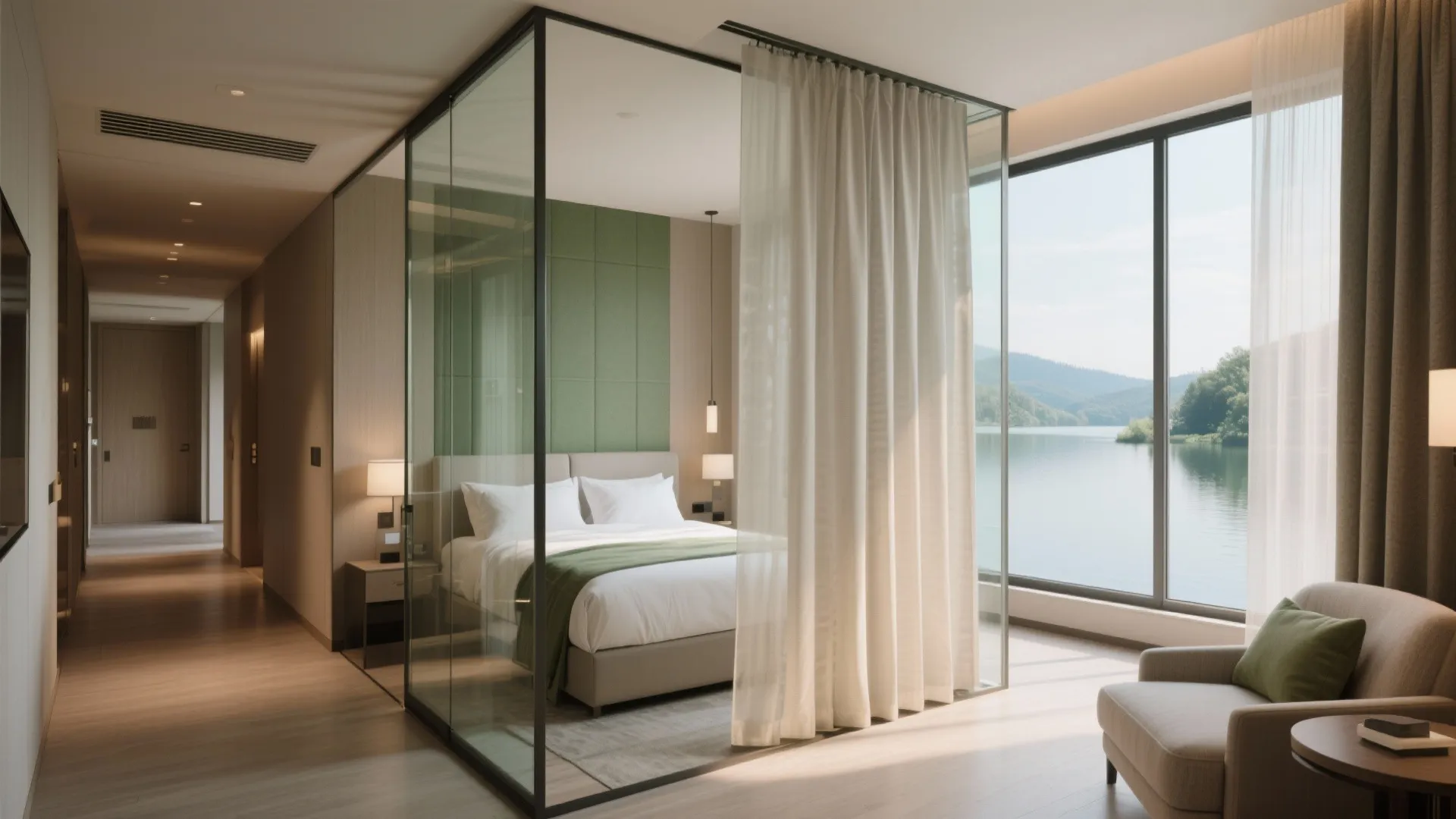 Bedroom with glass partition and motorized sheer curtain allowing lake views and privacy