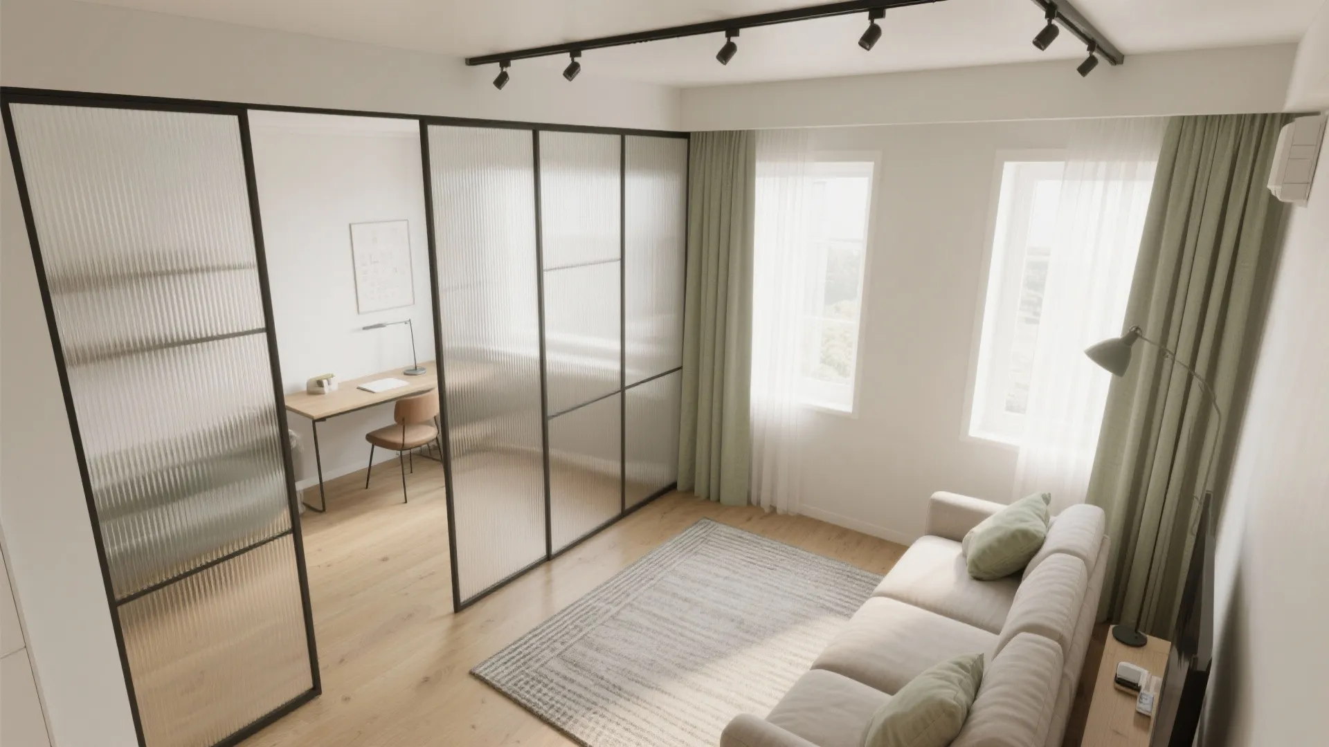 Flexible zoning with sliding glass and soft curtains