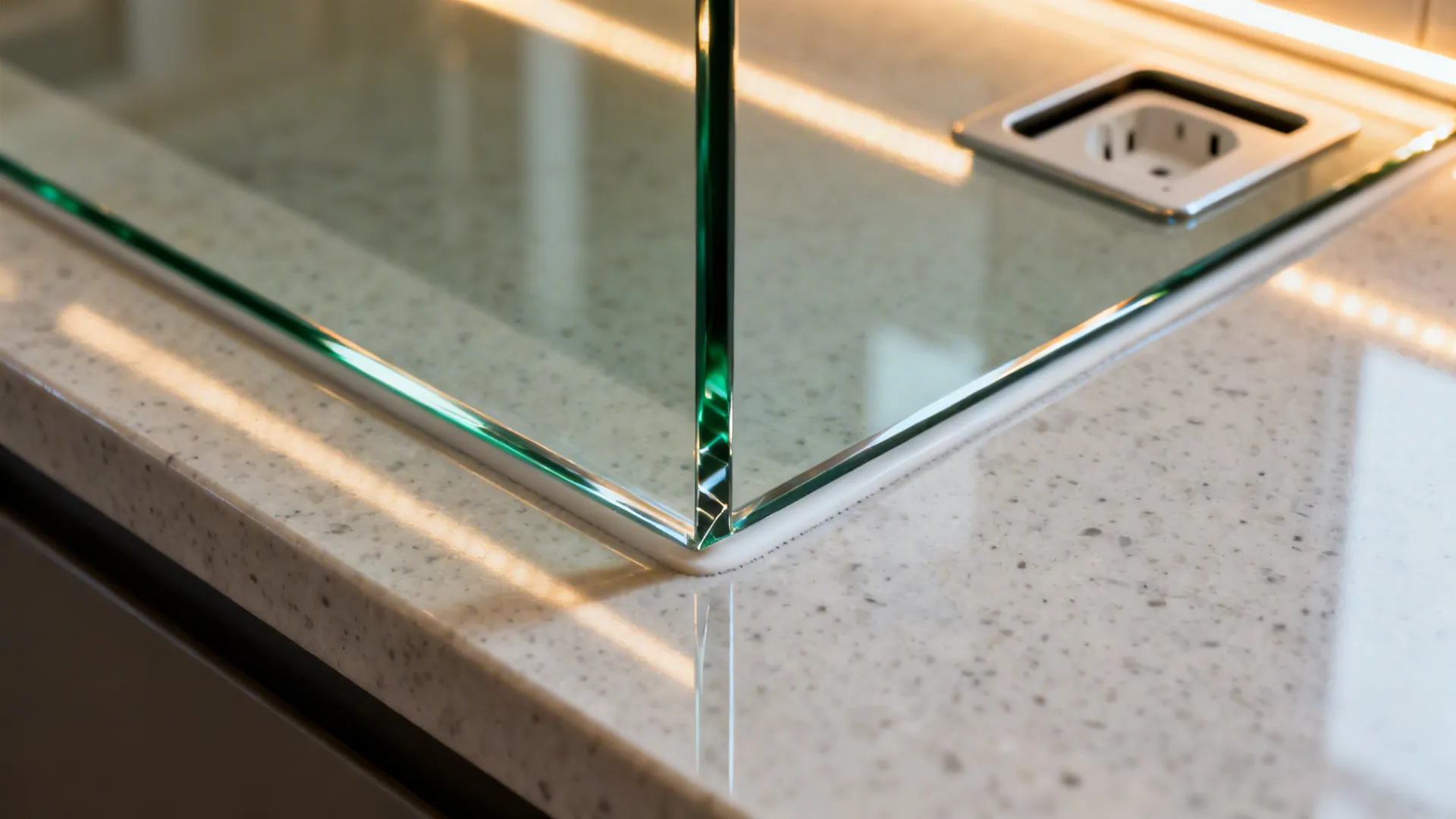 Close-up of a low-iron glass backsplash with a precise outlet cutout and polished edge.