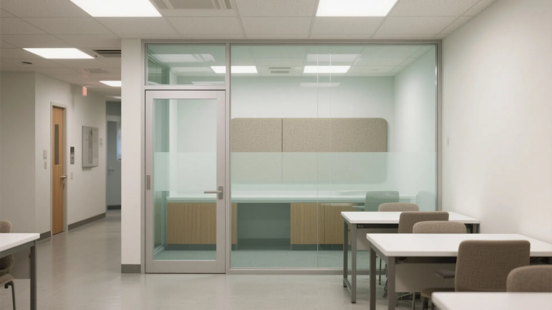 Bright office hallway featuring a glass wall partition looking into a private meeting room interior design