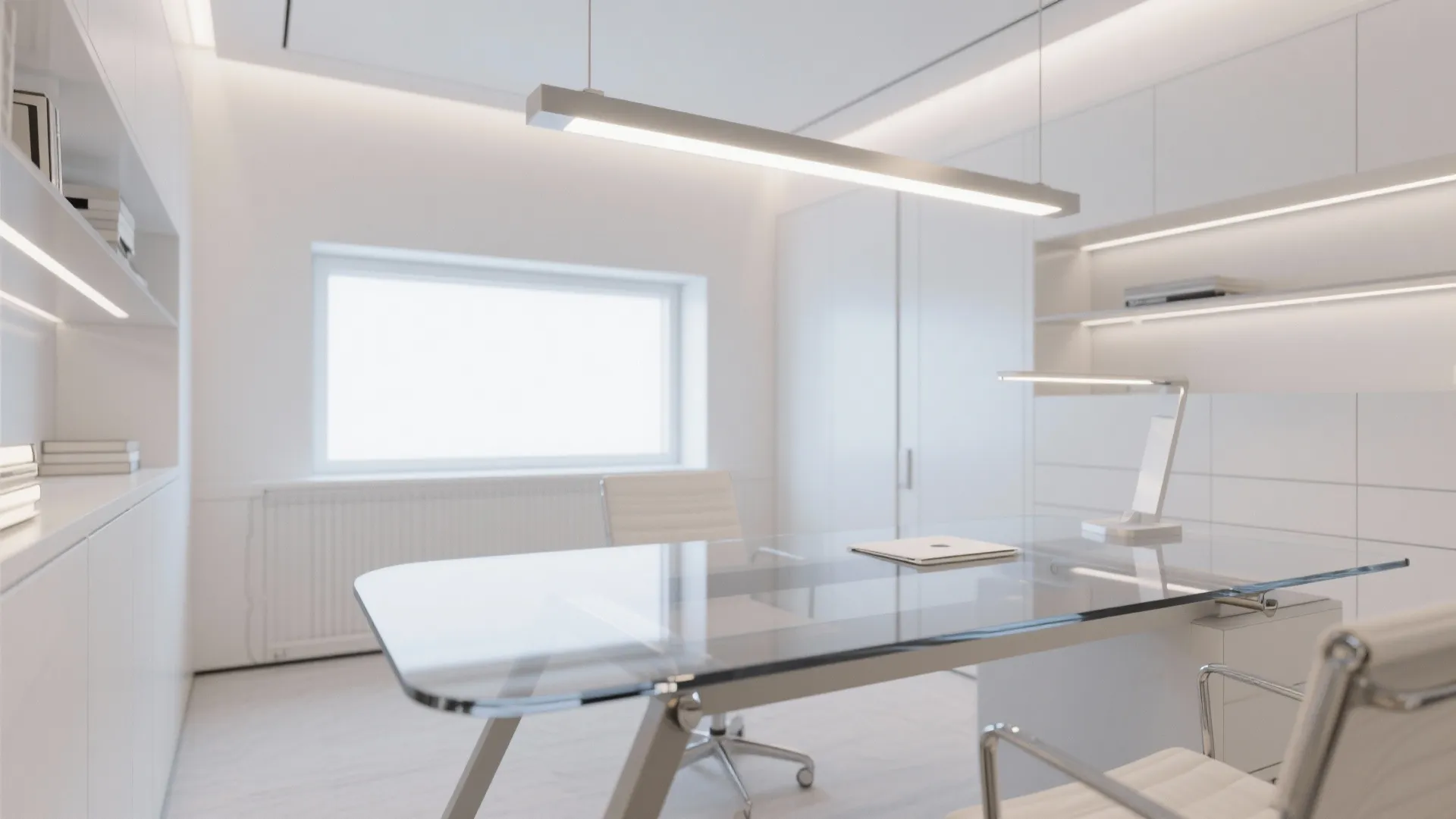 Modern white office interior design drawing with glass desk plus ceiling light and large window