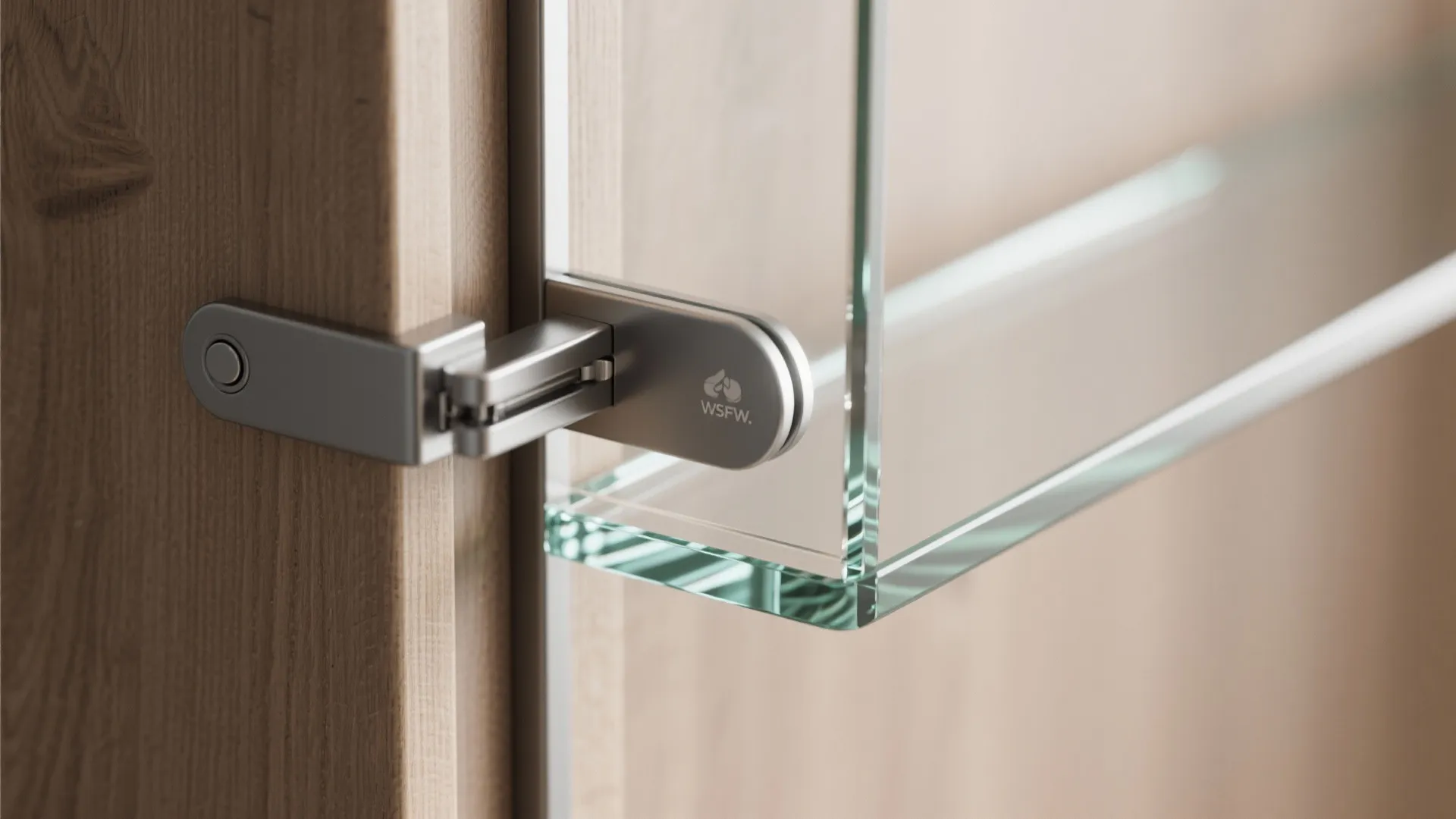 Close up of a silver metal hinge connecting a glass shelf to a wooden wall