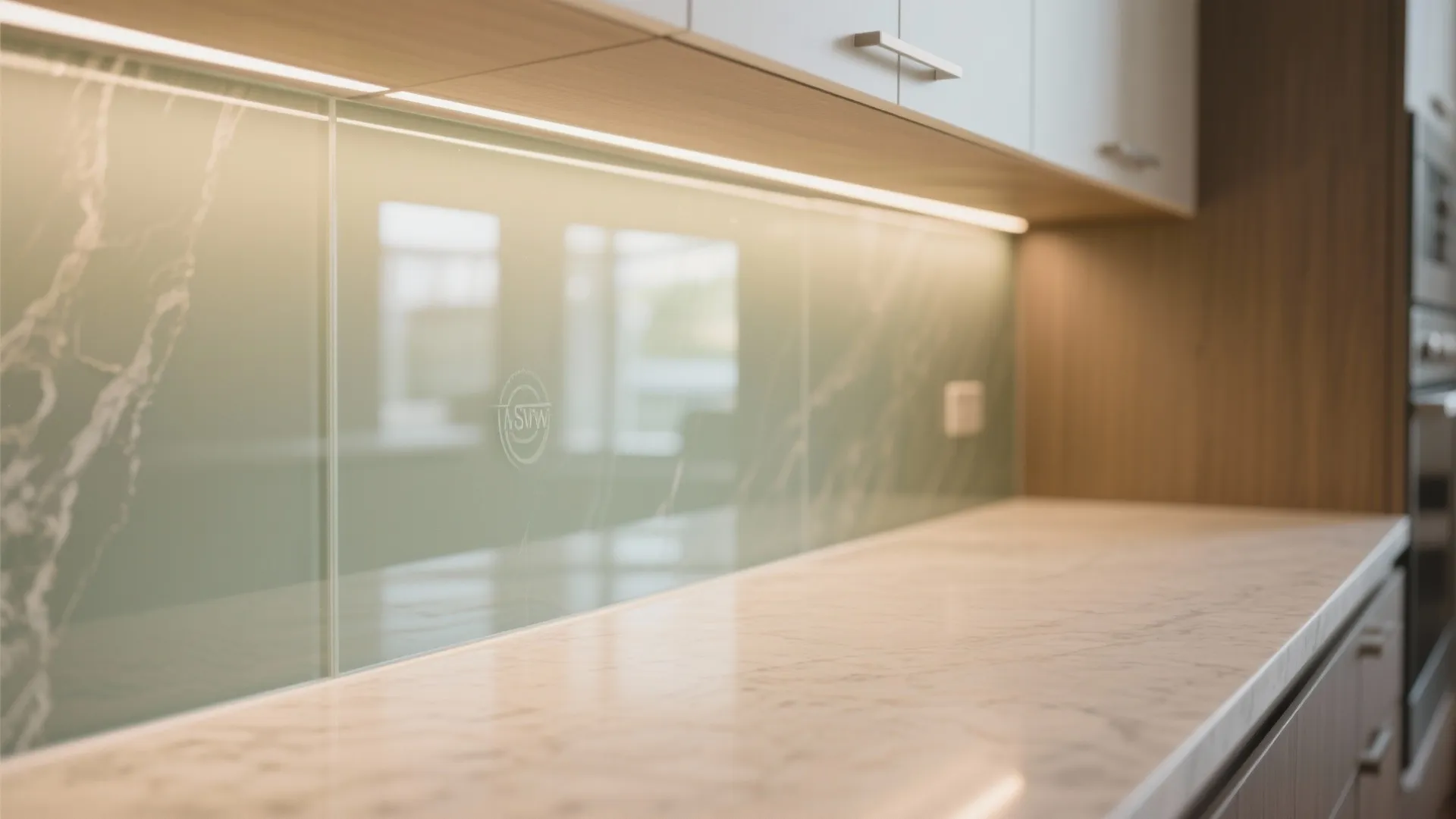 2) Glass backsplash and high-LRV finishes for an airy glow