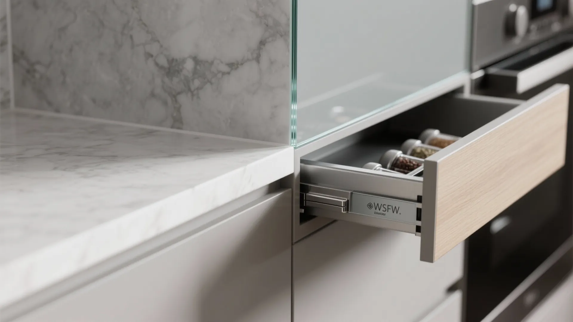 Minimalist kitchen storage with a light-loving glass backsplash